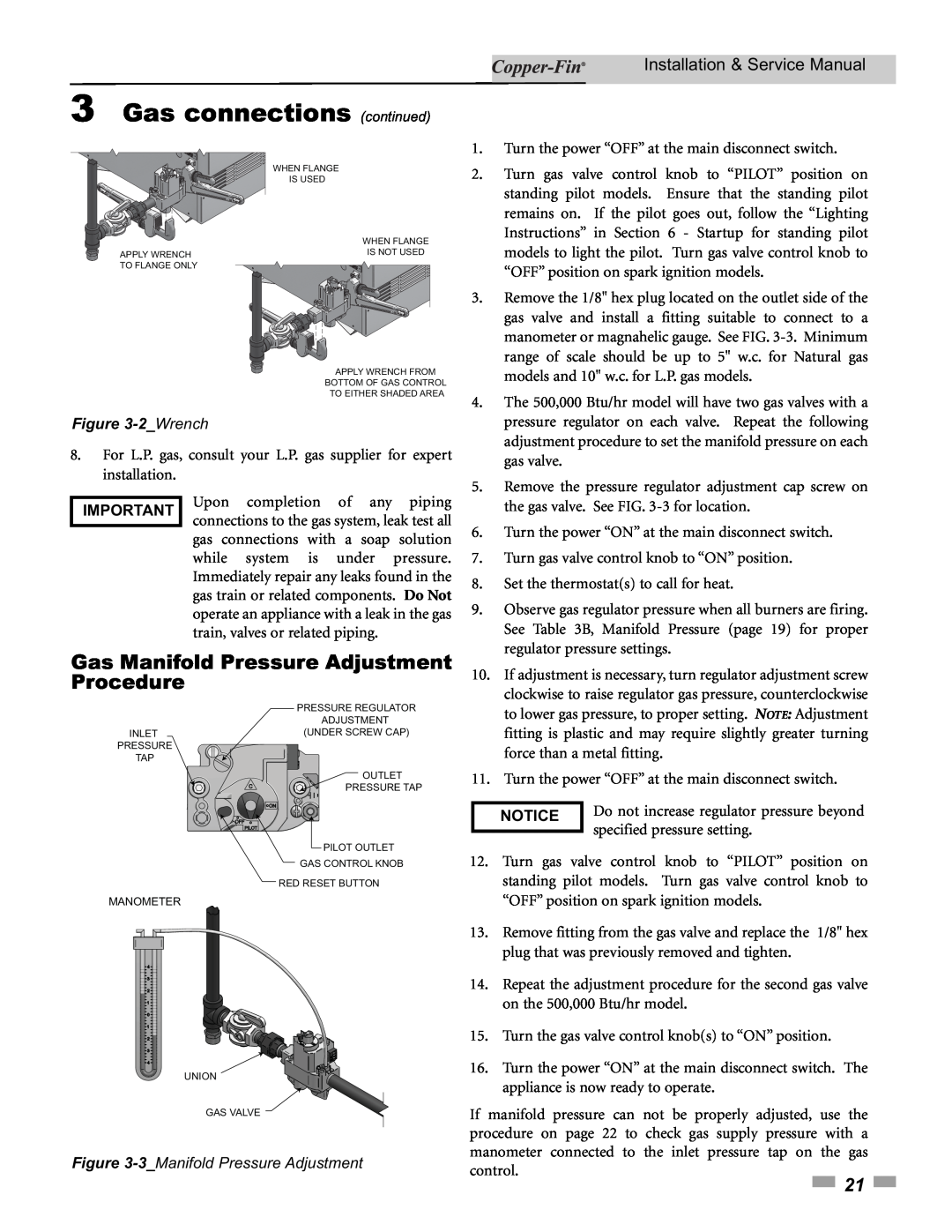 Lochinvar 90, 500 service manual 3Gas connections continued, Gas Manifold Pressure Adjustment Procedure, 2_Wrench, Notice 