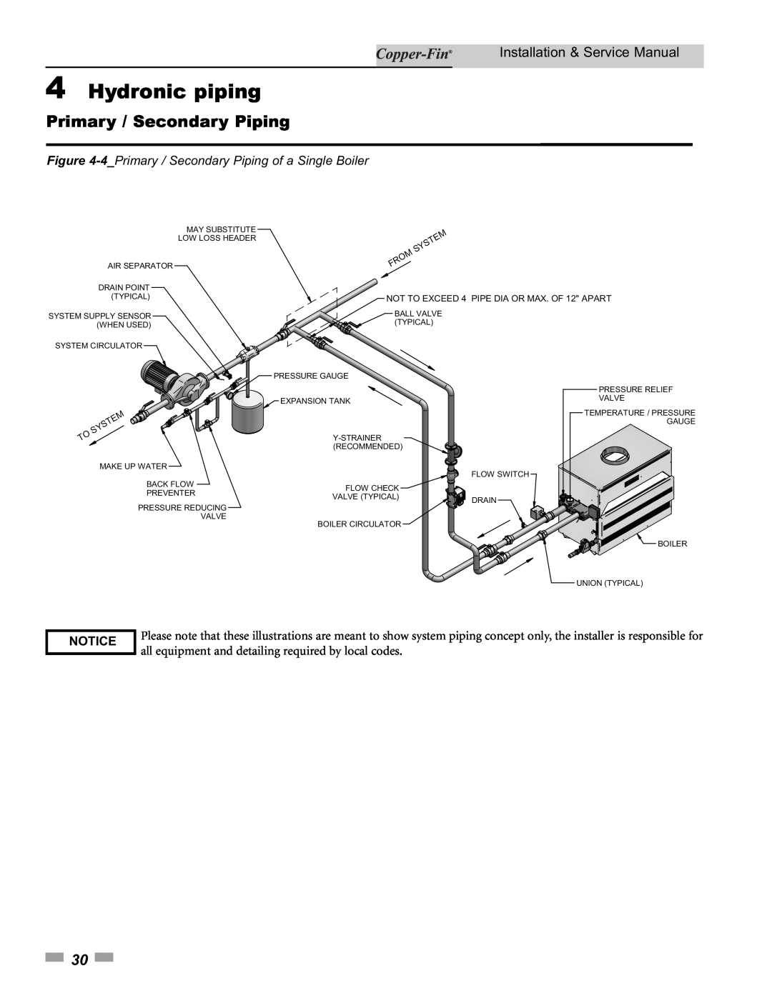 Lochinvar 500, 90 service manual Primary / Secondary Piping, 4Hydronic piping, Installation & Service Manual, Notice 