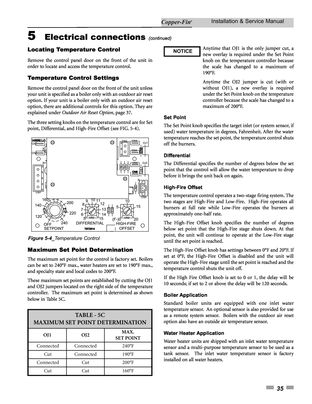 Lochinvar 90 5Electrical connections continued, C Maximum Set Point Determination, Locating Temperature Control, Notice 