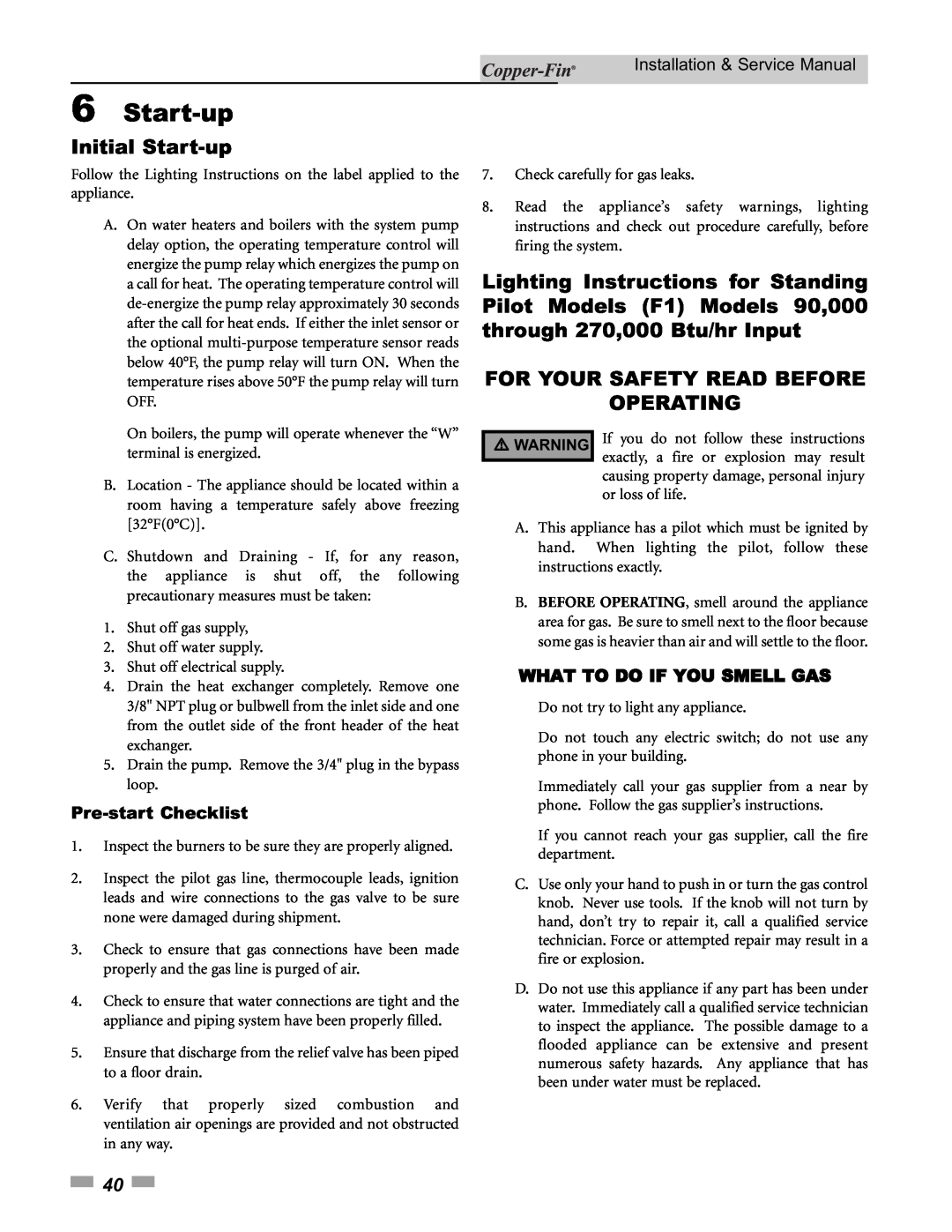 Lochinvar 500, 90 service manual 6Start-up, Initial Start-up, For Your Safety Read Before Operating, Pre-startChecklist 