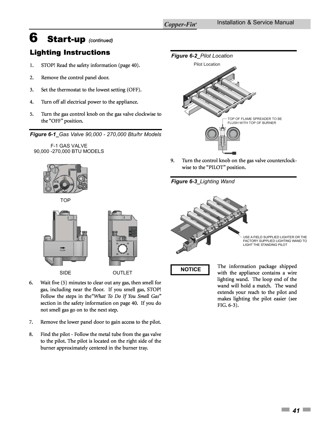 Lochinvar 90, 500 Lighting Instructions, Installation & Service Manual, 2_PilotLocation, 3_LightingWand, Notice 