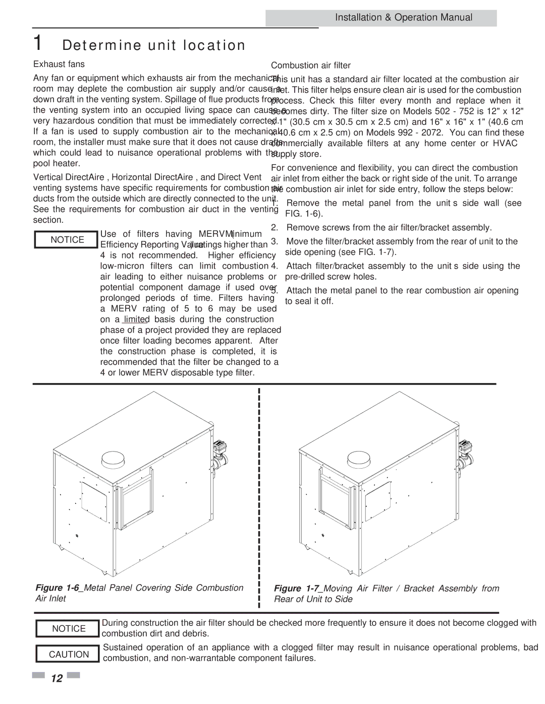 Lochinvar 502, 2072 operation manual Exhaust fans, Combustion air filter 