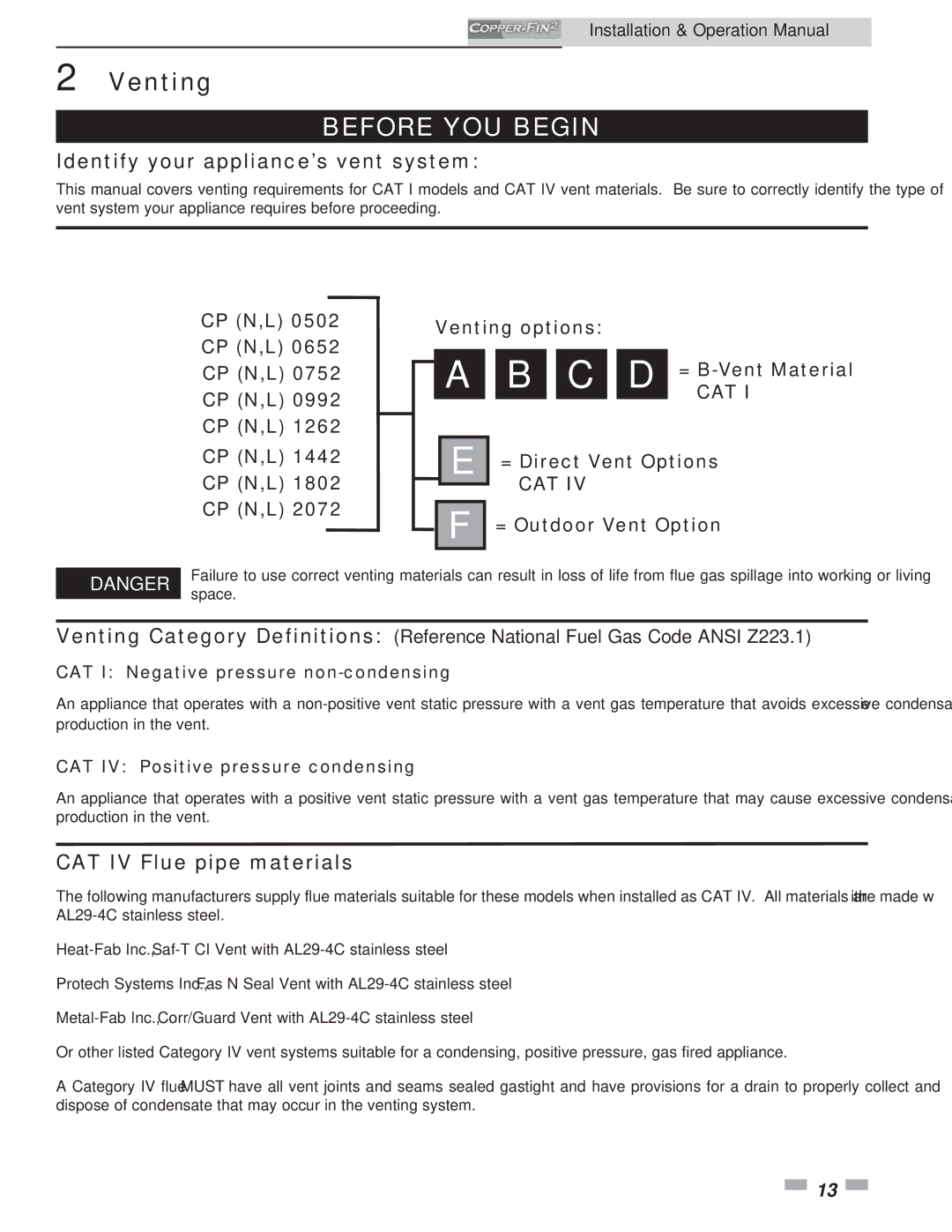 Lochinvar 2072, 502 operation manual Venting, Identify your appliance’s vent system, CAT IV Flue pipe materials 