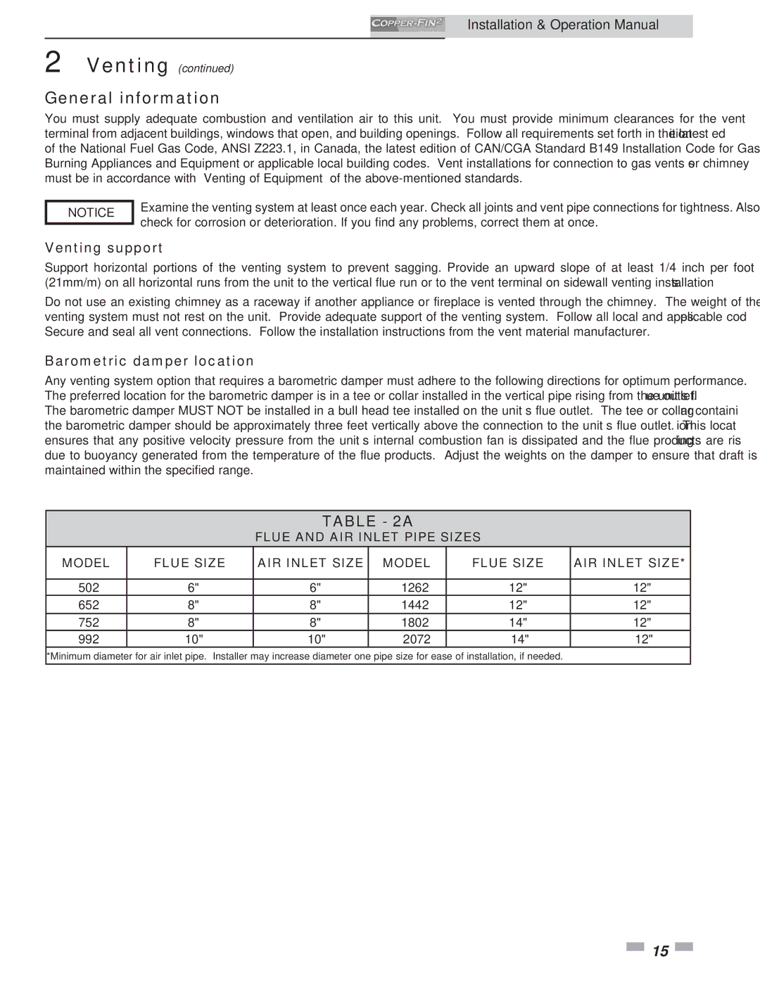 Lochinvar 2072, 502 operation manual General information, Venting support, Barometric damper location 