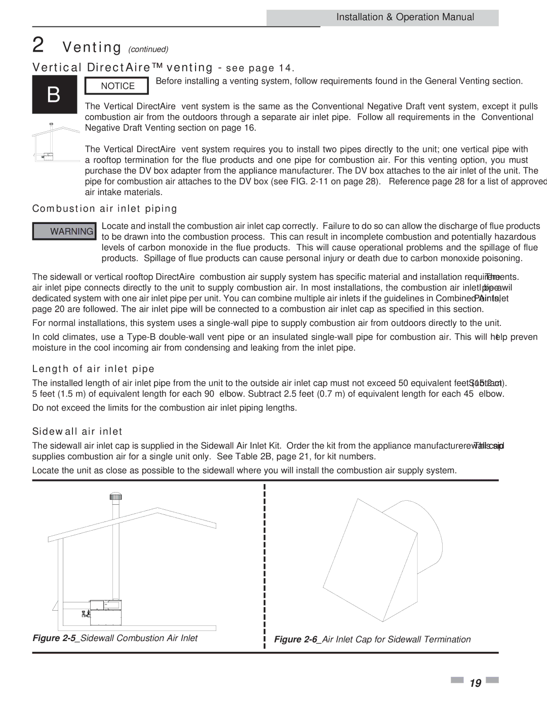 Lochinvar 2072 Vertical DirectAire venting see, Combustion air inlet piping, Length of air inlet pipe, Sidewall air inlet 
