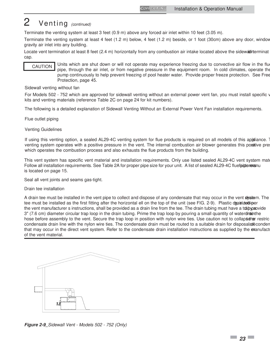 Lochinvar 2072, 502 operation manual Sidewall venting without fan, Drain tee installation 