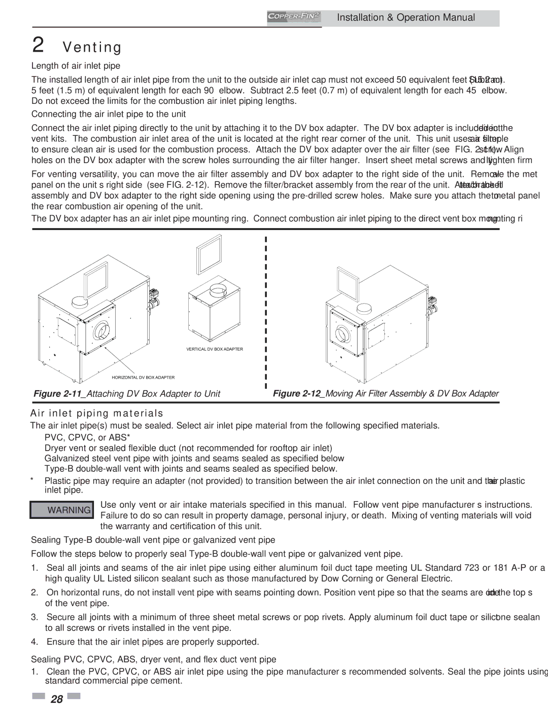 Lochinvar 502, 2072 Air inlet piping materials, Length of air inlet pipe, Connecting the air inlet pipe to the unit 