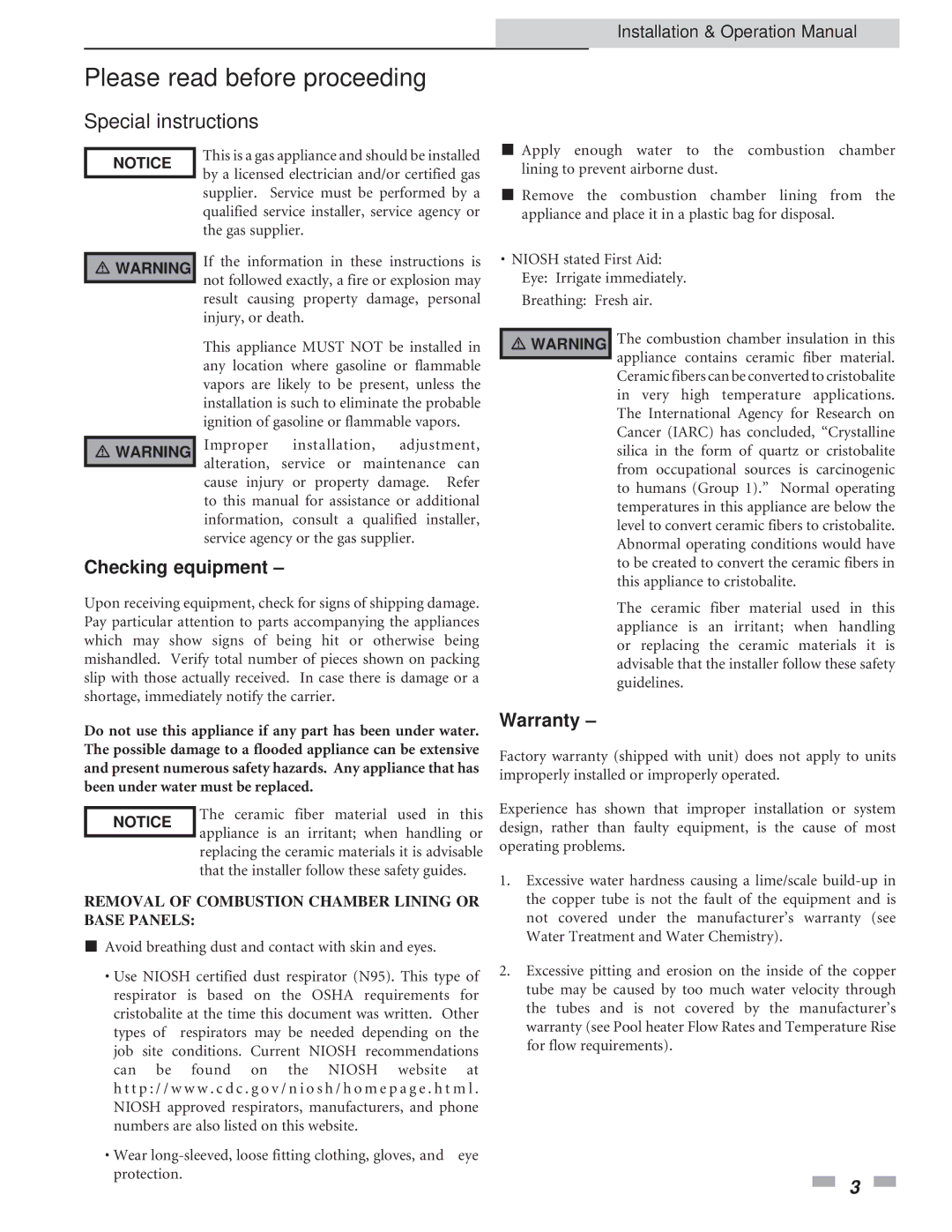 Lochinvar 2072 Please read before proceeding, Special instructions, Removal of Combustion Chamber Lining or Base Panels 