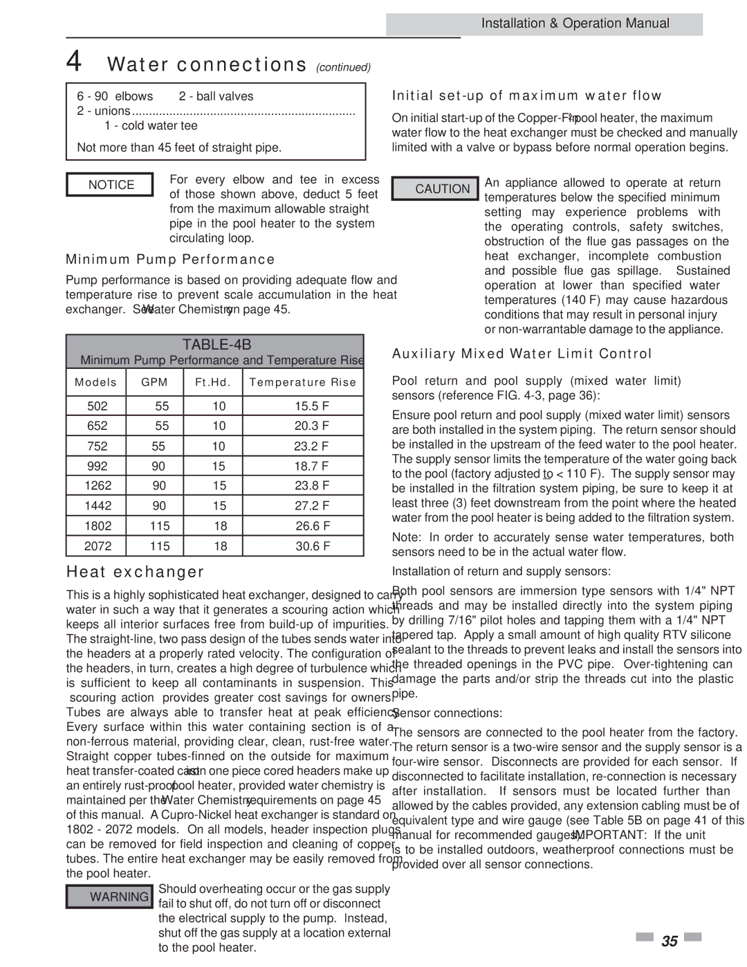 Lochinvar 2072, 502 operation manual Heat exchanger, Initial set-up of maximum water flow, Minimum Pump Performance 