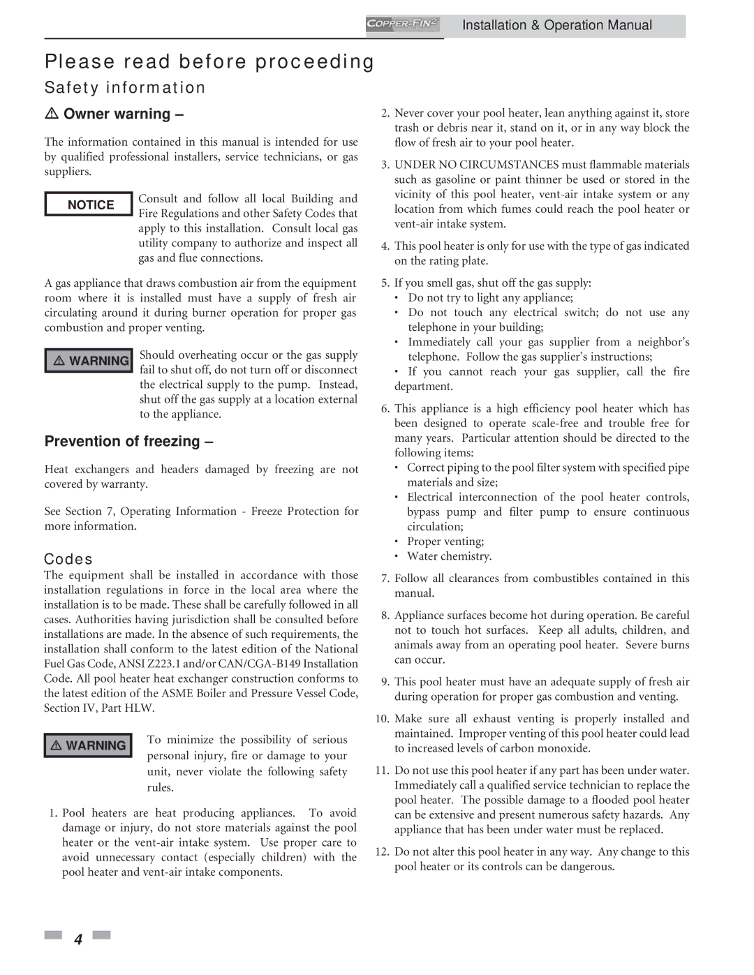 Lochinvar 502, 2072 operation manual Safety information, Owner warning 