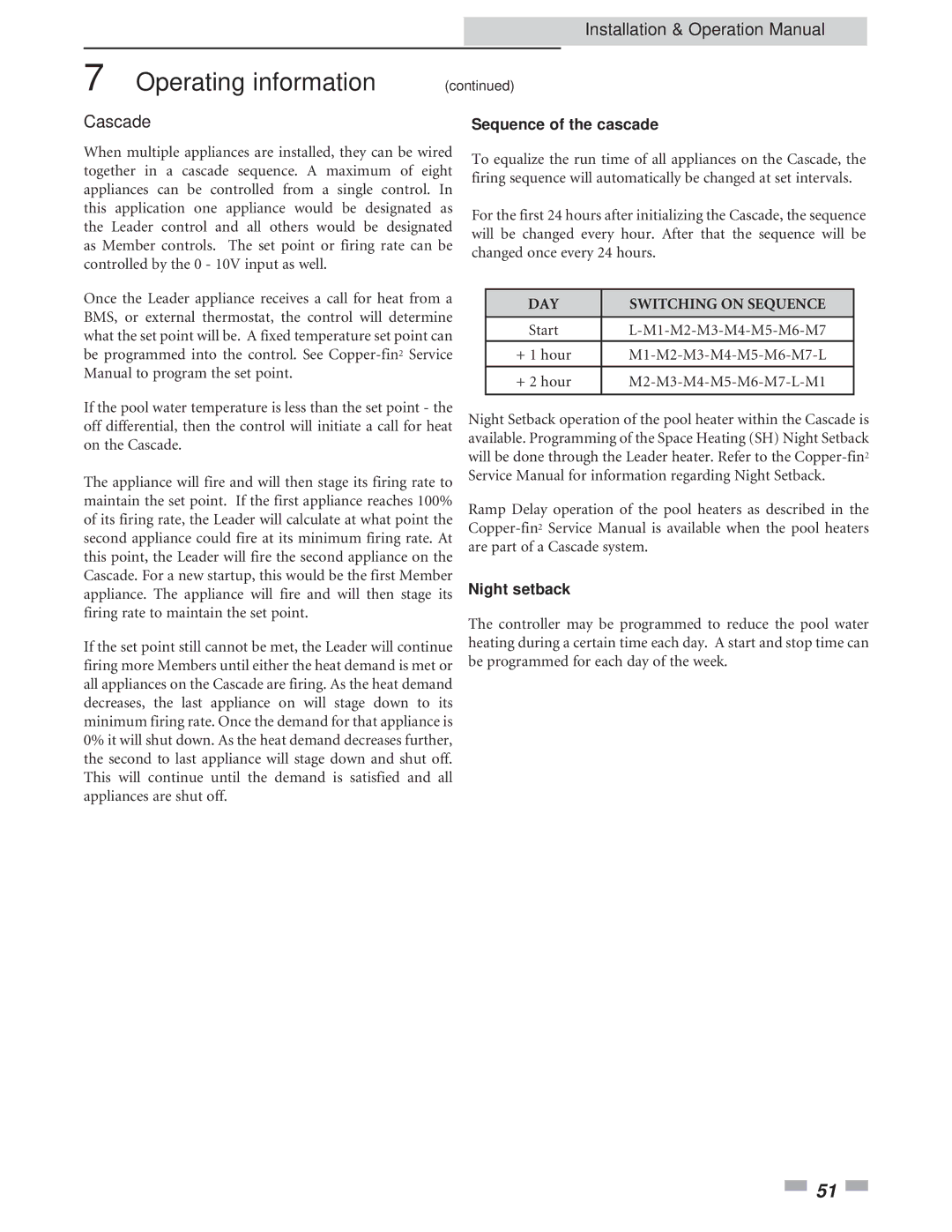 Lochinvar 2072, 502 operation manual Cascade, Sequence of the cascade, DAY Switching on Sequence 