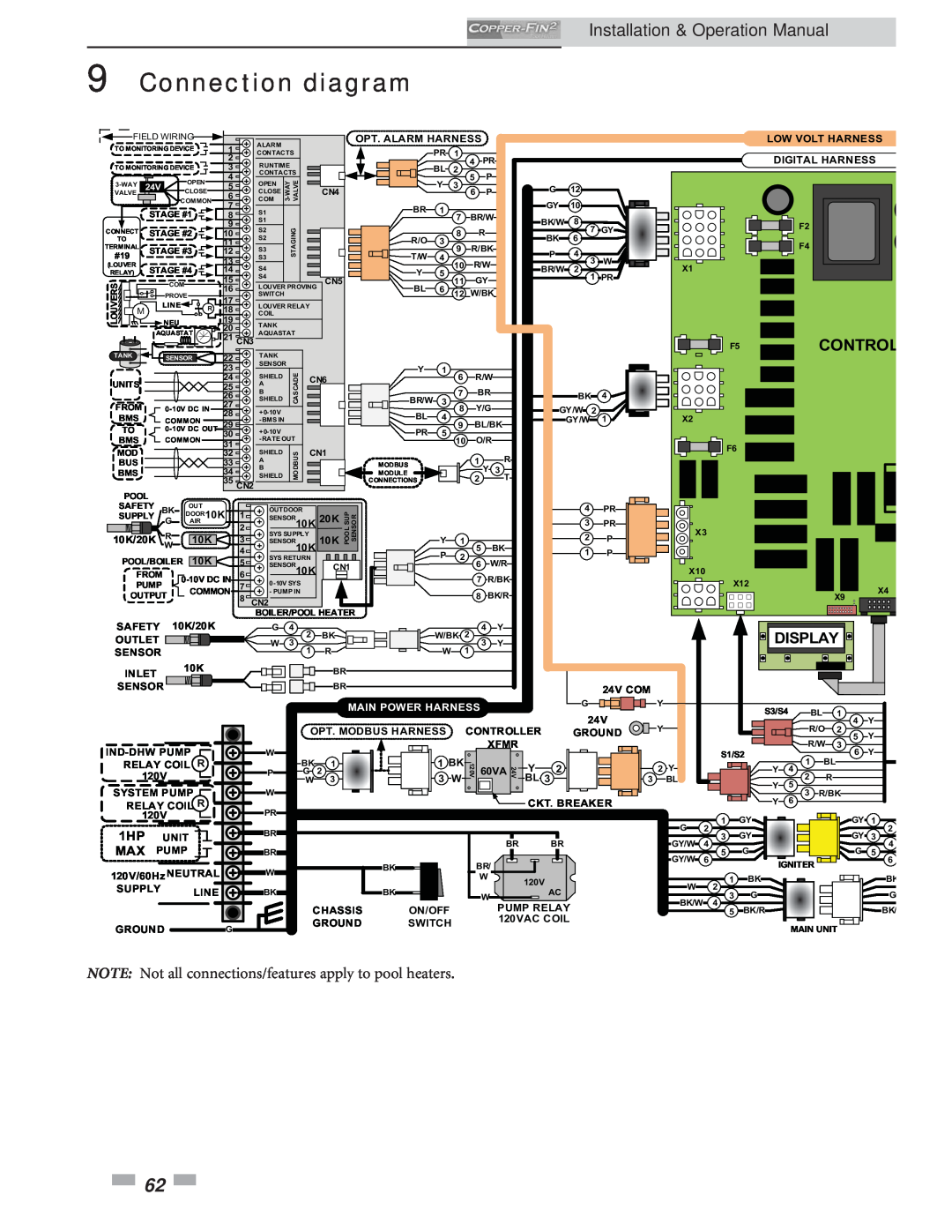 Lochinvar 502, 2072 operation manual Connection diagram, Installation & Operation Manual, Display, Main Power Harness 