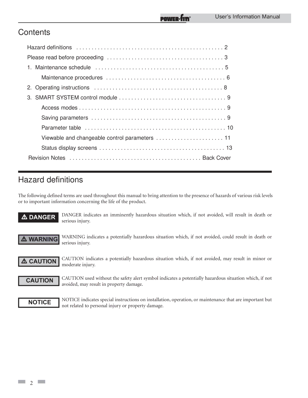 Lochinvar 2001, 502, 752, 1701, 1302, 1002, 1501 user manual Contents, Hazard definitions 