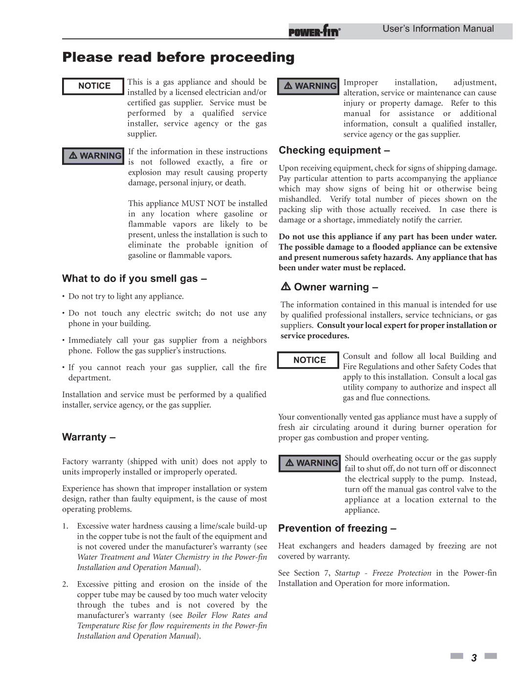 Lochinvar 1701, 502, 752, 2001, 1302, 1002, 1501 user manual Please read before proceeding, Checking equipment 