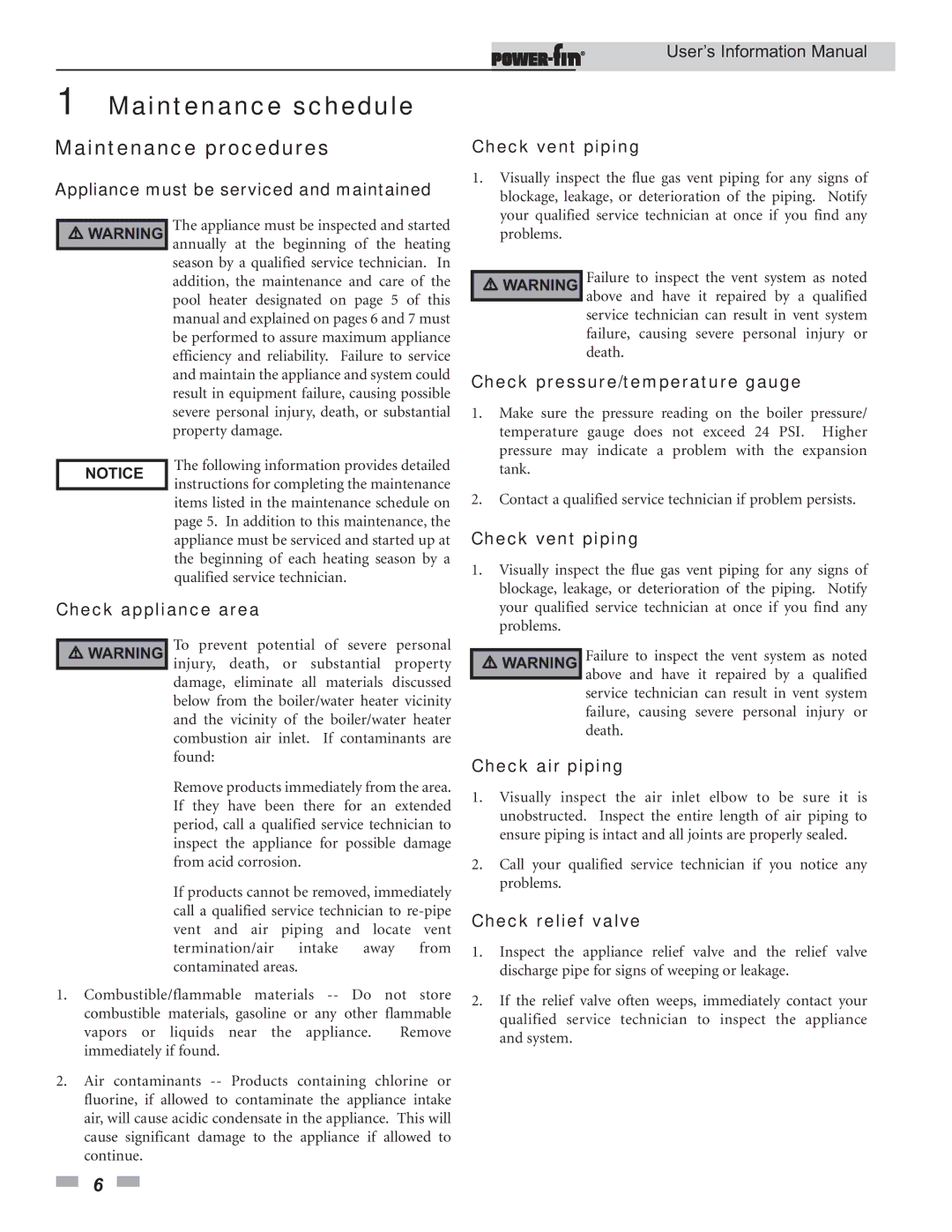 Lochinvar 1501, 502, 752, 2001, 1701, 1302, 1002 user manual Maintenance schedule, Maintenance procedures 