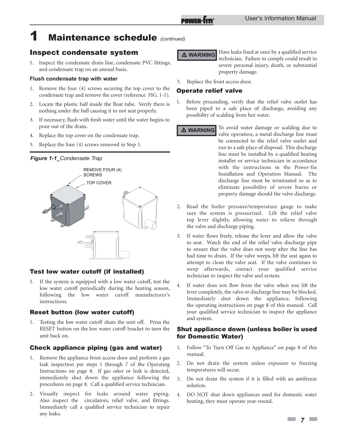 Lochinvar 502, 752, 2001, 1701 Inspect condensate system, Test low water cutoff if installed, Reset button low water cutoff 