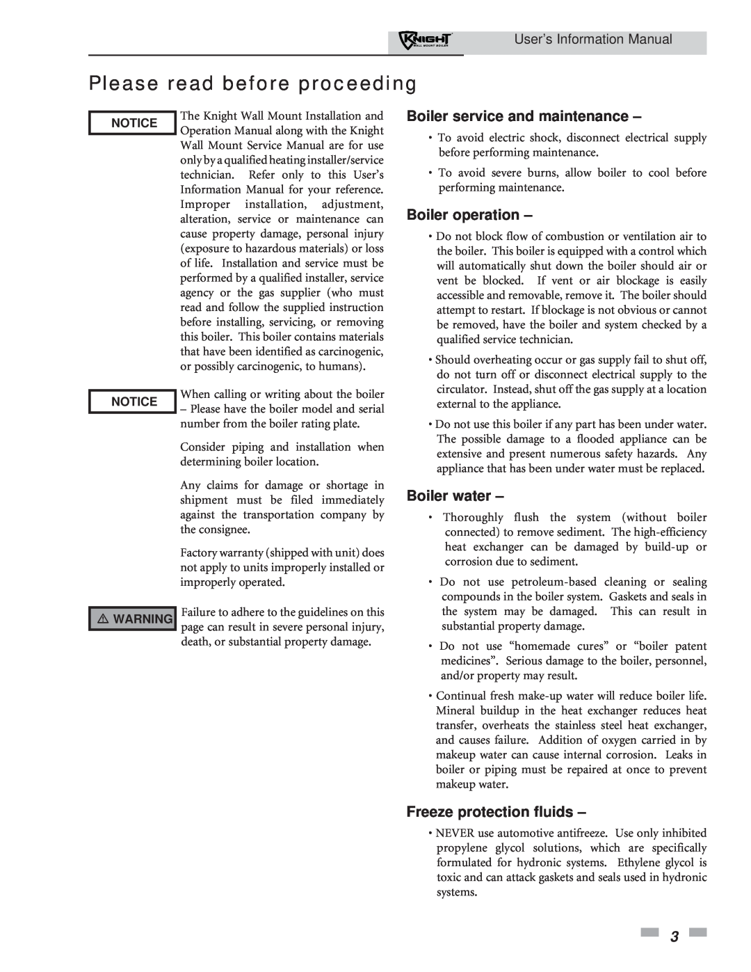 Lochinvar 51 - 211 manual Please read before proceeding, Boiler service and maintenance, Boiler operation, Boiler water 