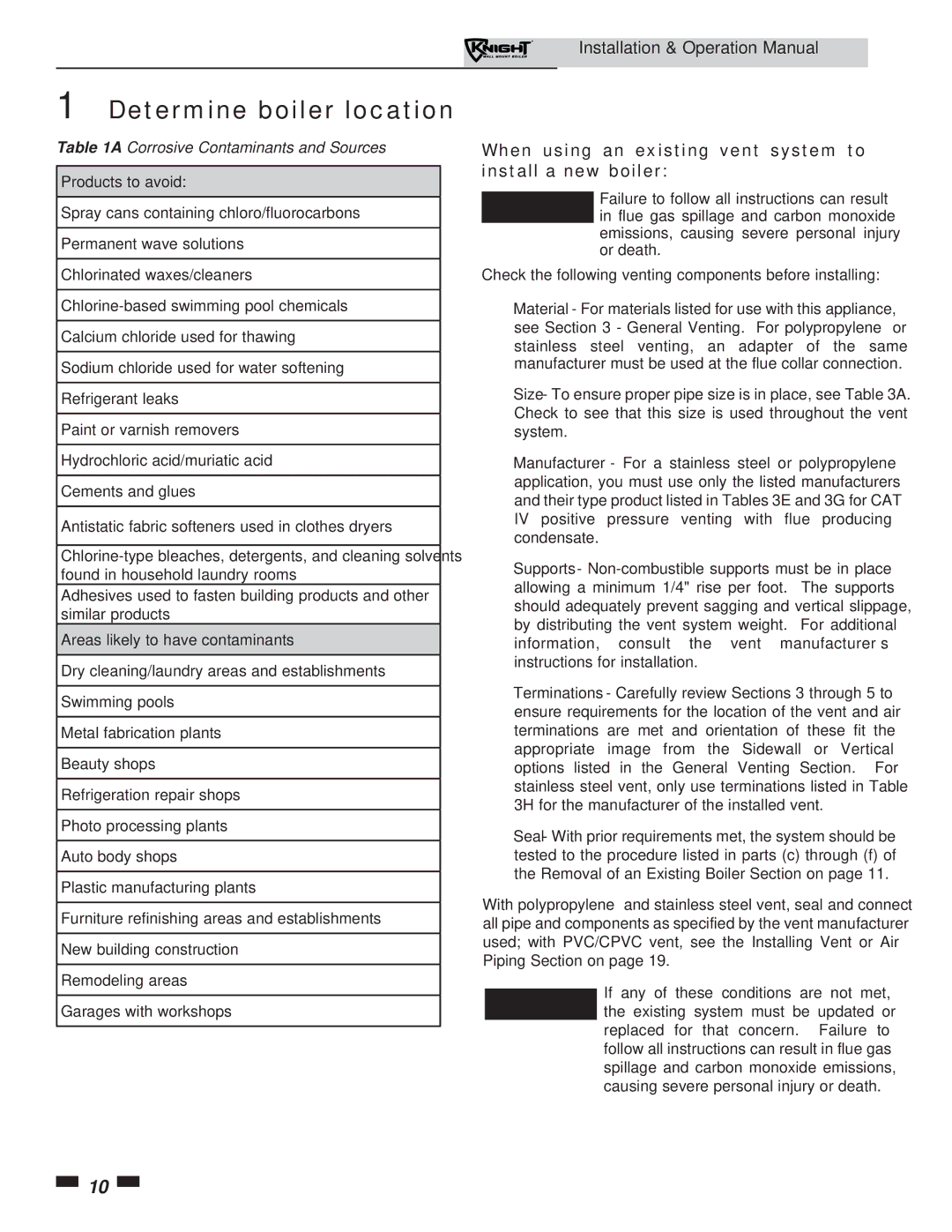 Lochinvar 51-211 operation manual When using an existing vent system to install a new boiler, Products to avoid 