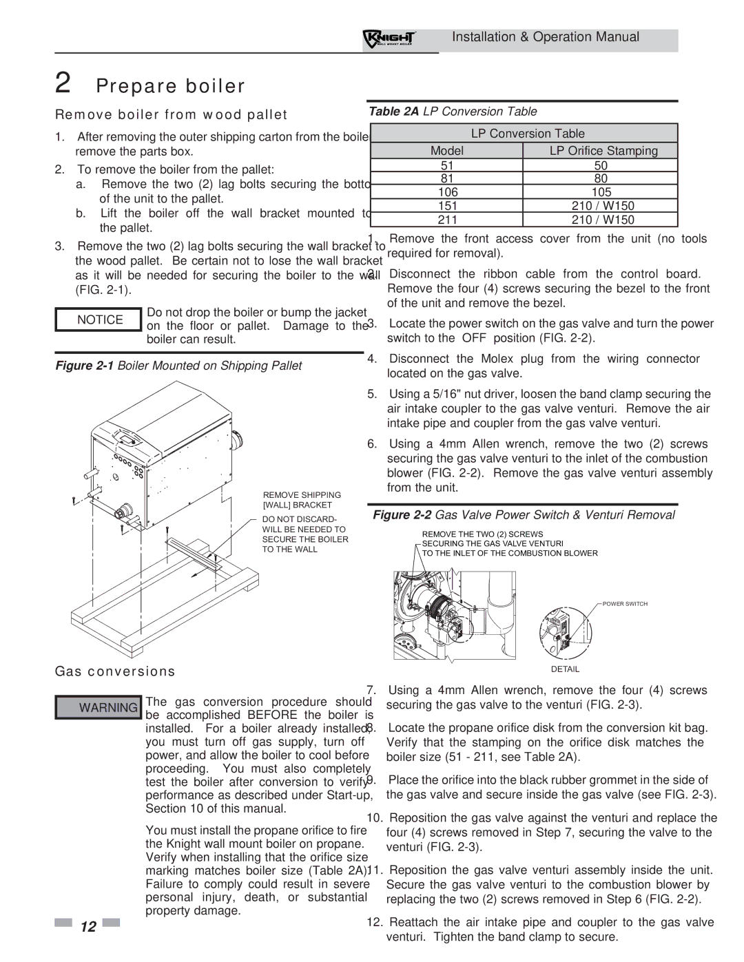 Lochinvar 51-211 operation manual Prepare boiler, Remove boiler from wood pallet, Gas conversions 