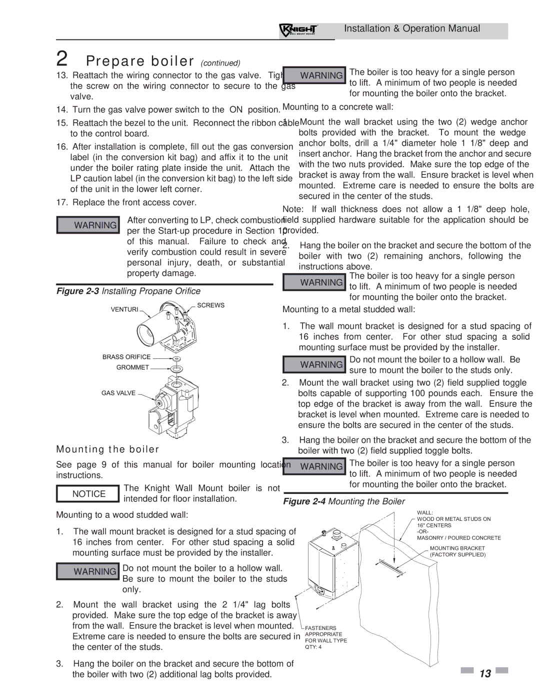 Lochinvar 51-211 operation manual Mounting the boiler, Mounting to a wood studded wall, Mounting to a concrete wall 