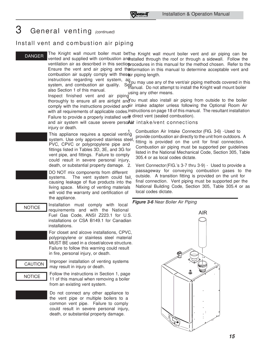 Lochinvar 51-211 operation manual Install vent and combustion air piping, Air intake/vent connections 