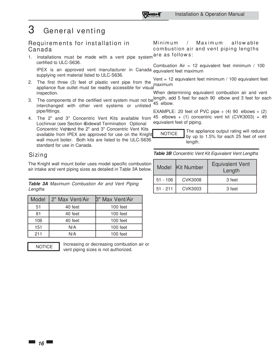 Lochinvar 51-211 operation manual Requirements for installation in Canada, Sizing, Length 