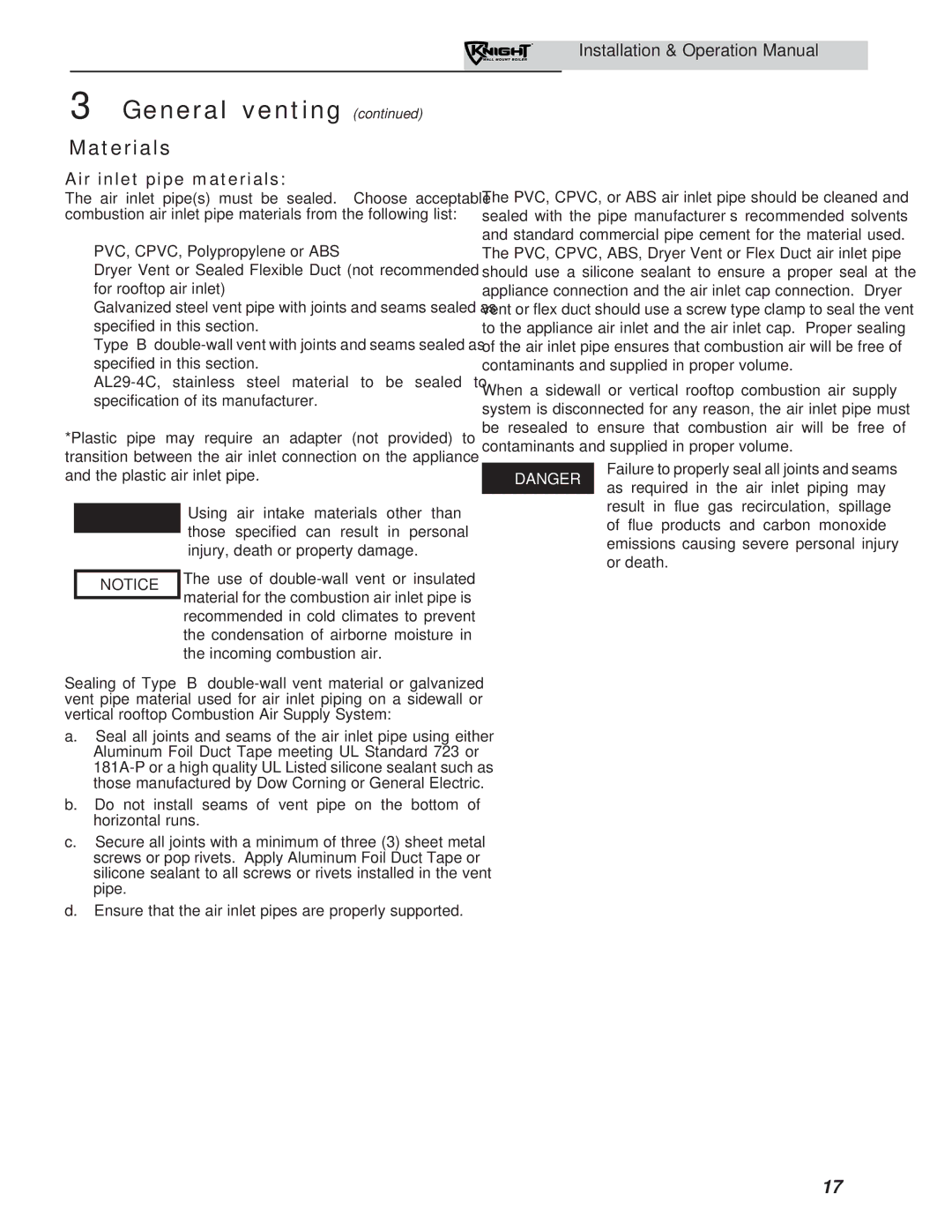 Lochinvar 51-211 operation manual Materials, Air inlet pipe materials 