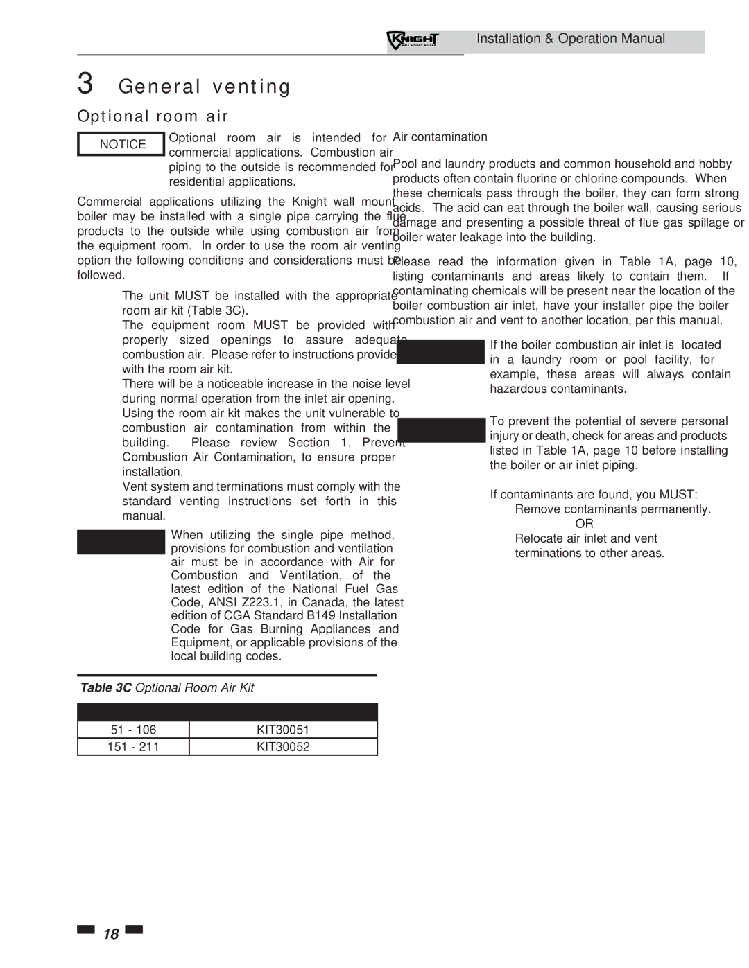 Lochinvar 51-211 operation manual Optional room air, Air contamination, Model Kit Number 