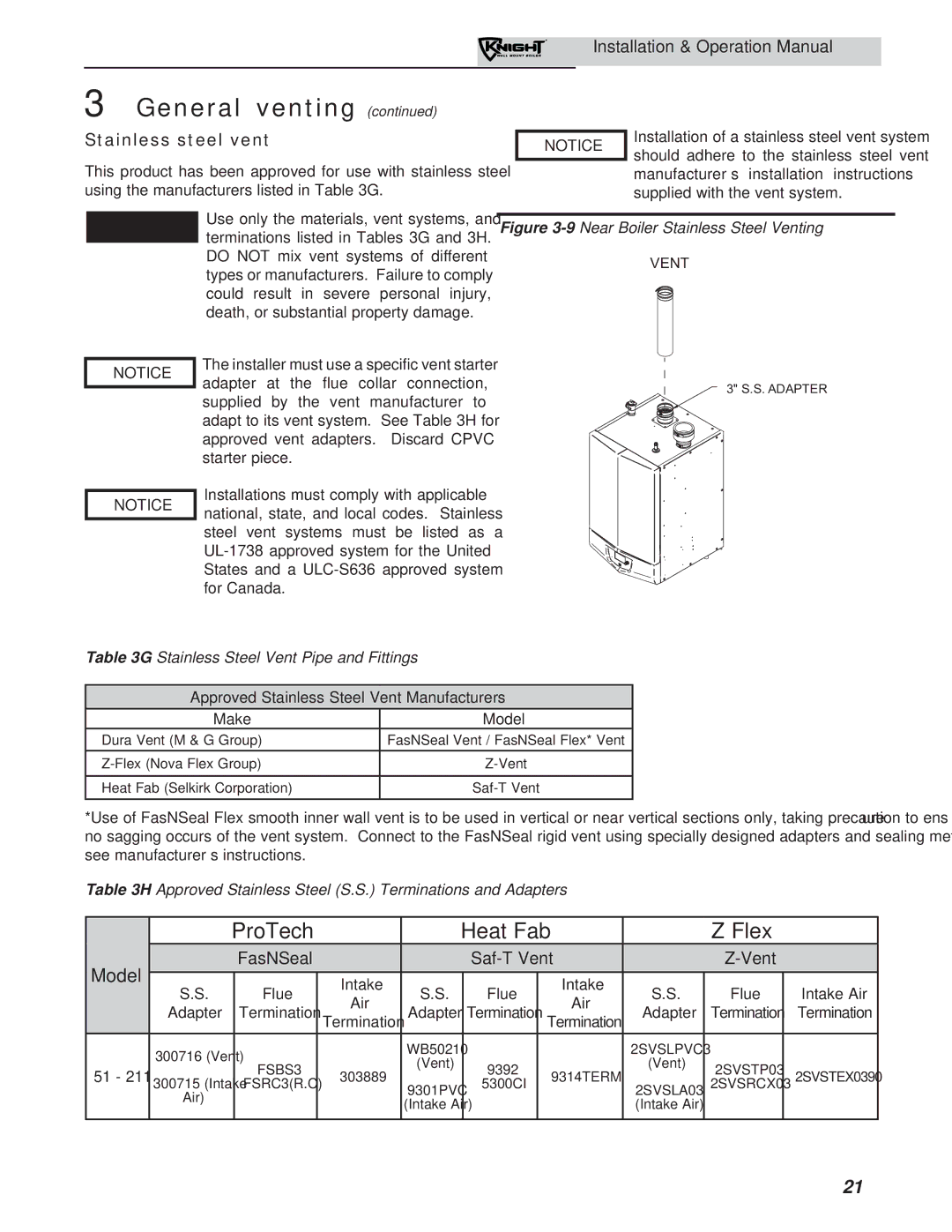 Lochinvar 51-211 operation manual Stainless steel vent, Approved Stainless Steel Vent Manufacturers Make Model, Flue 