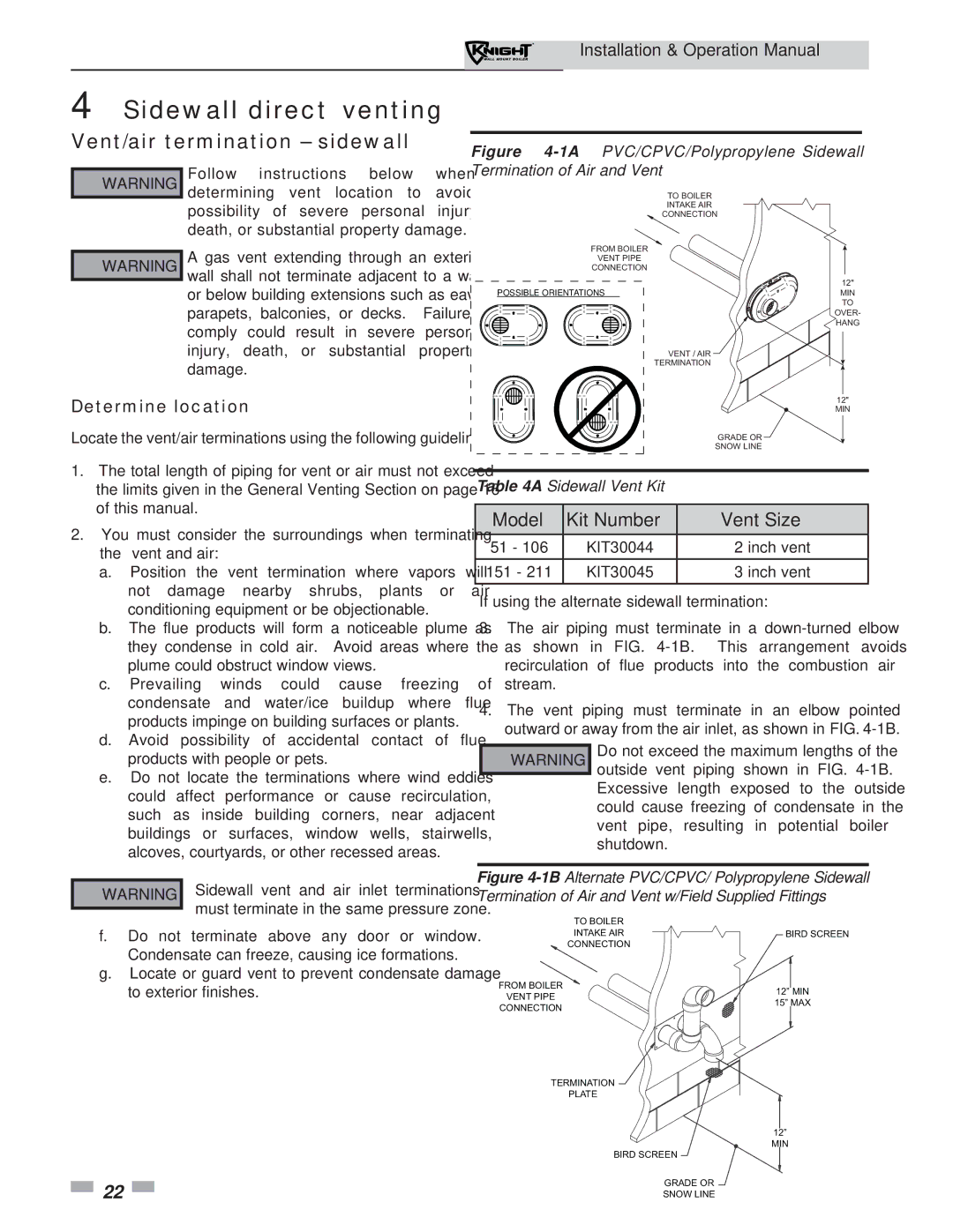 Lochinvar 51-211 operation manual Sidewall direct venting, Vent/air termination sidewall, Determine location 