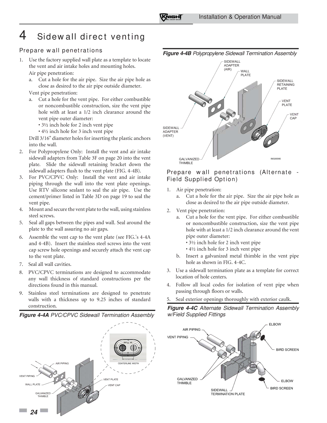 Lochinvar 51-211 operation manual Prepare wall penetrations Alternate Field Supplied Option 