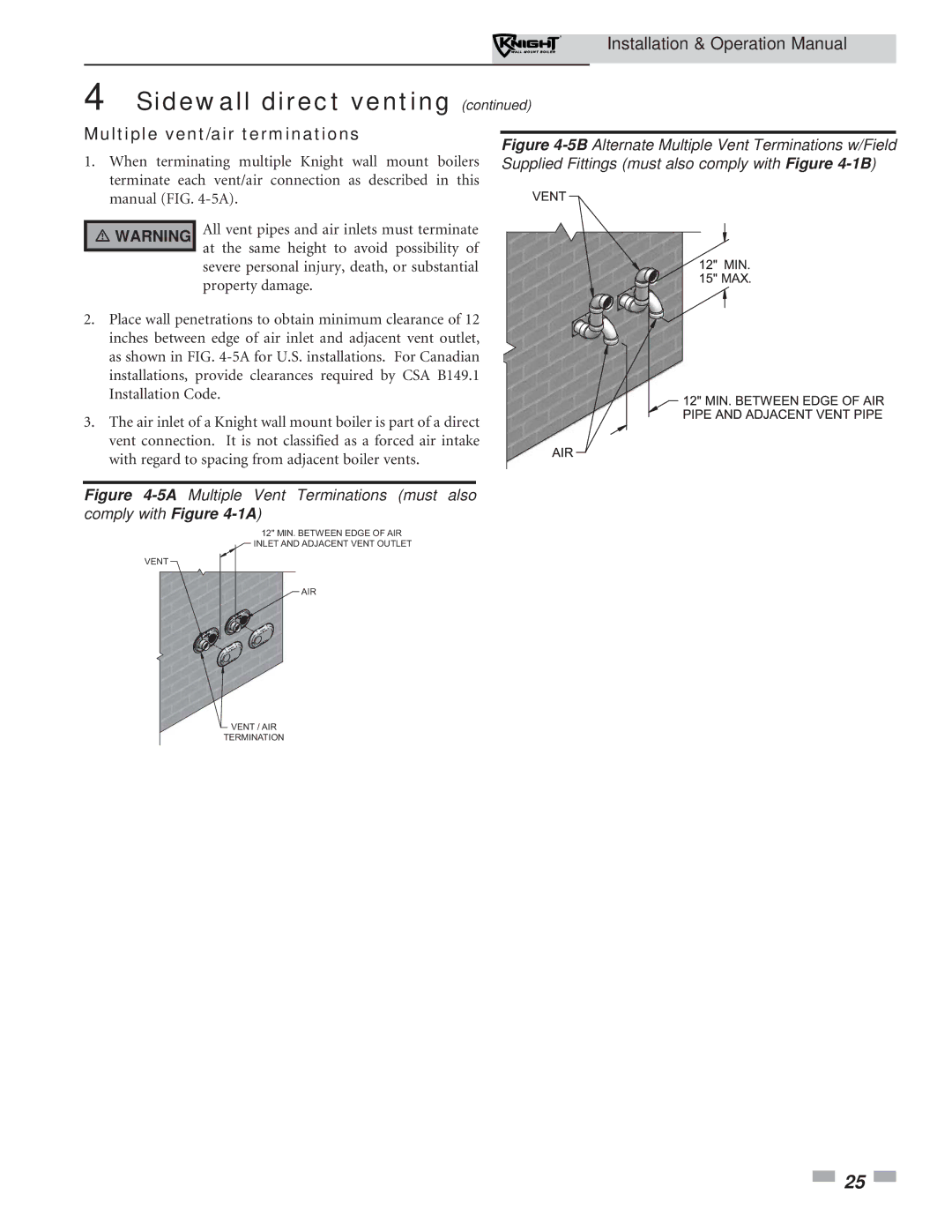 Lochinvar 51-211 operation manual Multiple vent/air terminations, 5AMultiple Vent Terminations must also comply with -1A 