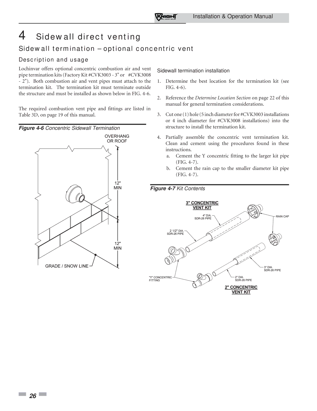 Lochinvar 51-211 Sidewall termination optional concentric vent, Description and usage, Sidewall termination installation 