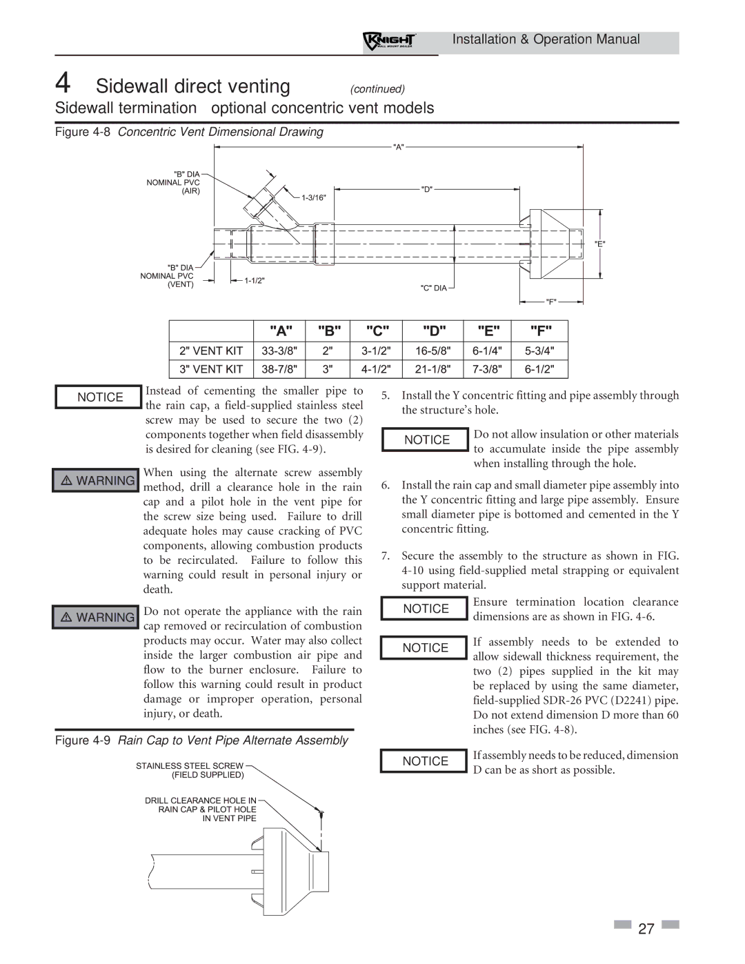 Lochinvar 51-211 Sidewall termination optional concentric vent models, 8Concentric Vent Dimensional Drawing 