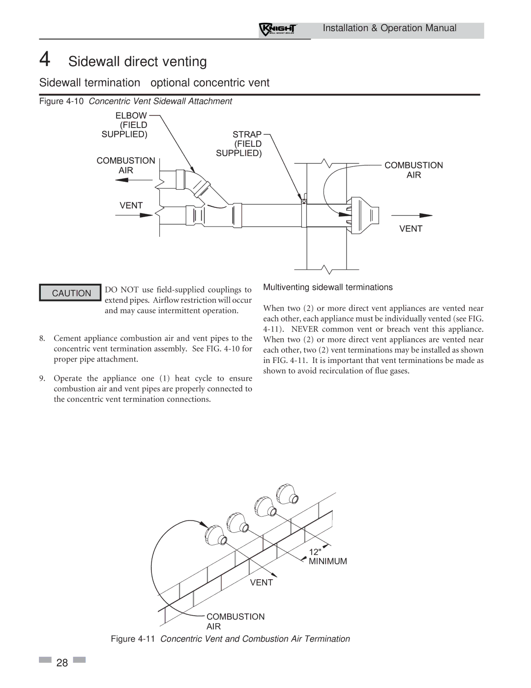 Lochinvar 51-211 operation manual 10Concentric Vent Sidewall Attachment, Multiventing sidewall terminations 