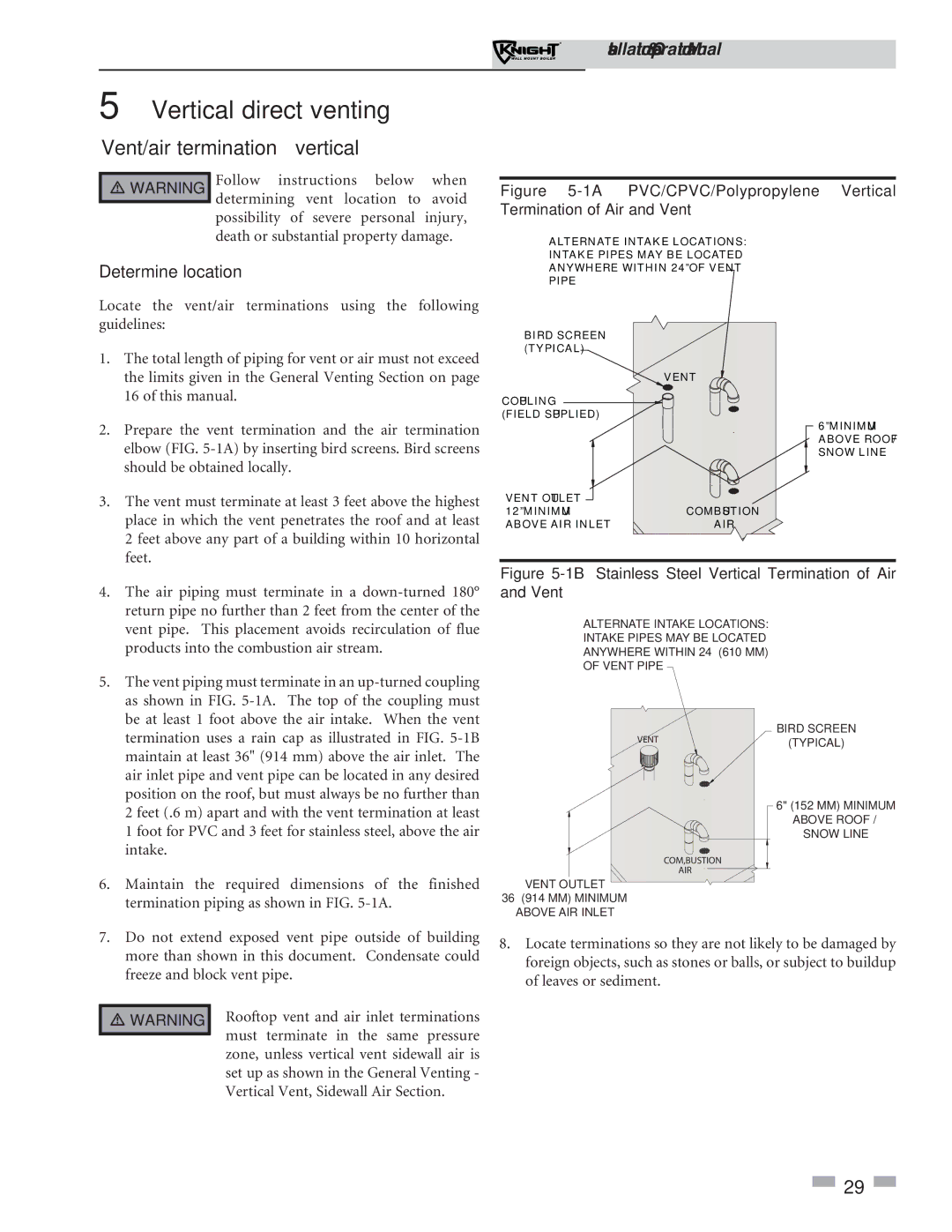 Lochinvar 51-211 operation manual Vertical direct venting, Vent/air termination vertical 