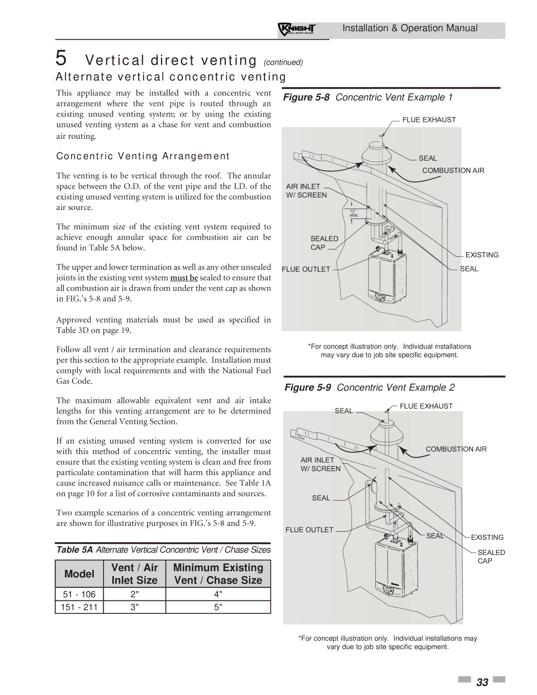 Lochinvar 51-211 operation manual Alternate vertical concentric venting, Concentric Venting Arrangement 