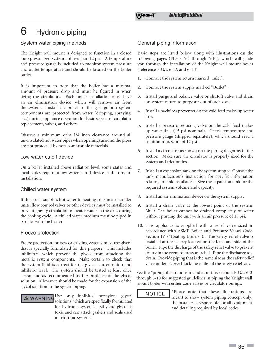 Lochinvar 51-211 Hydronic piping, System water piping methods General piping information, Low water cutoff device 