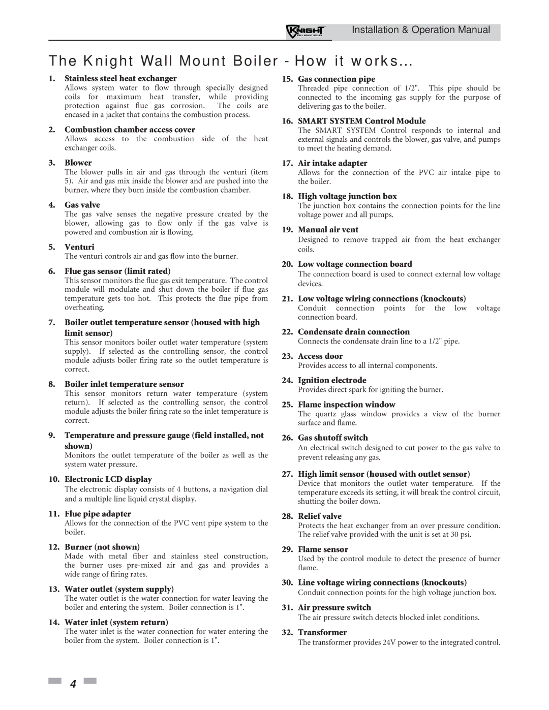 Lochinvar 51-211 operation manual Knight Wall Mount Boiler How it works, Stainless steel heat exchanger Gas connection pipe 