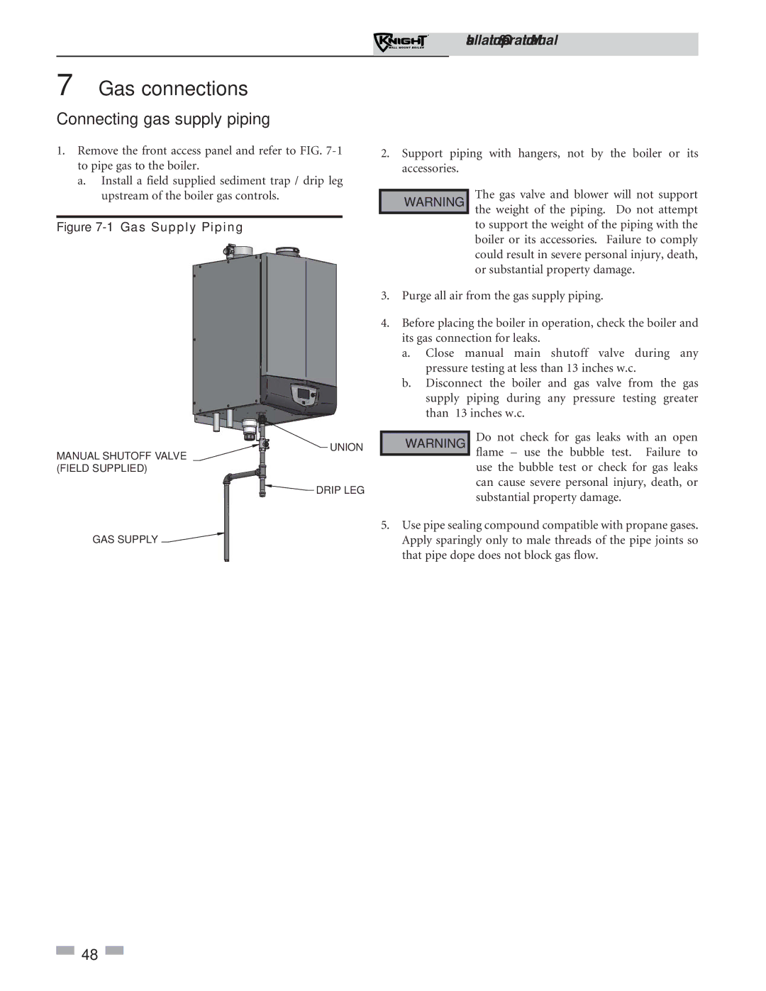 Lochinvar 51-211 operation manual Gas connections, Connecting gas supply piping 