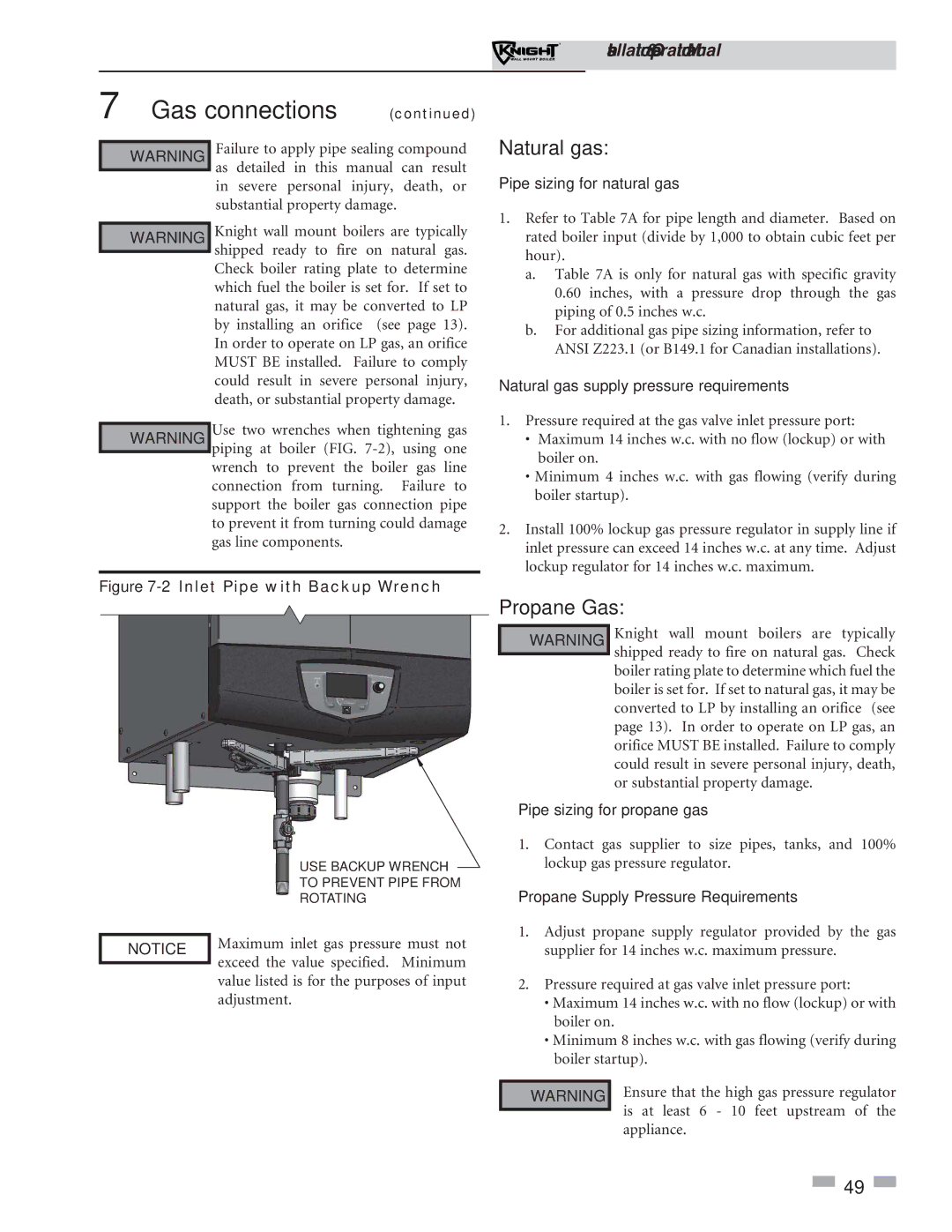 Lochinvar 51-211 operation manual Natural gas, Propane Gas 