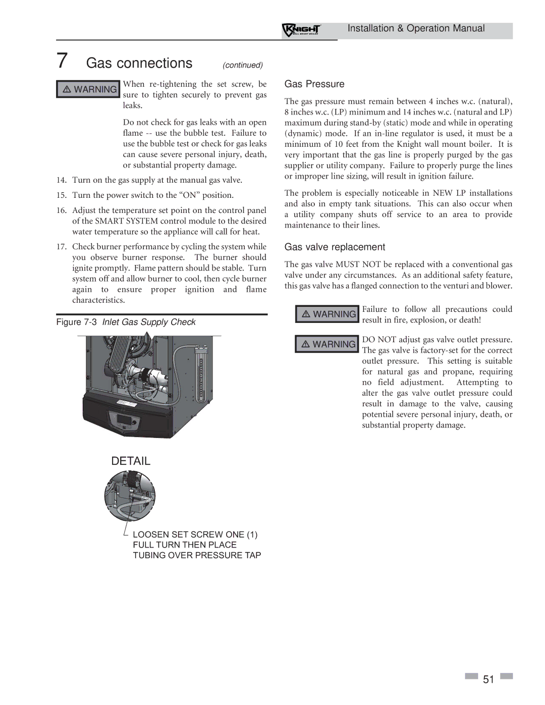 Lochinvar 51-211 operation manual Gas Pressure, Gas valve replacement 