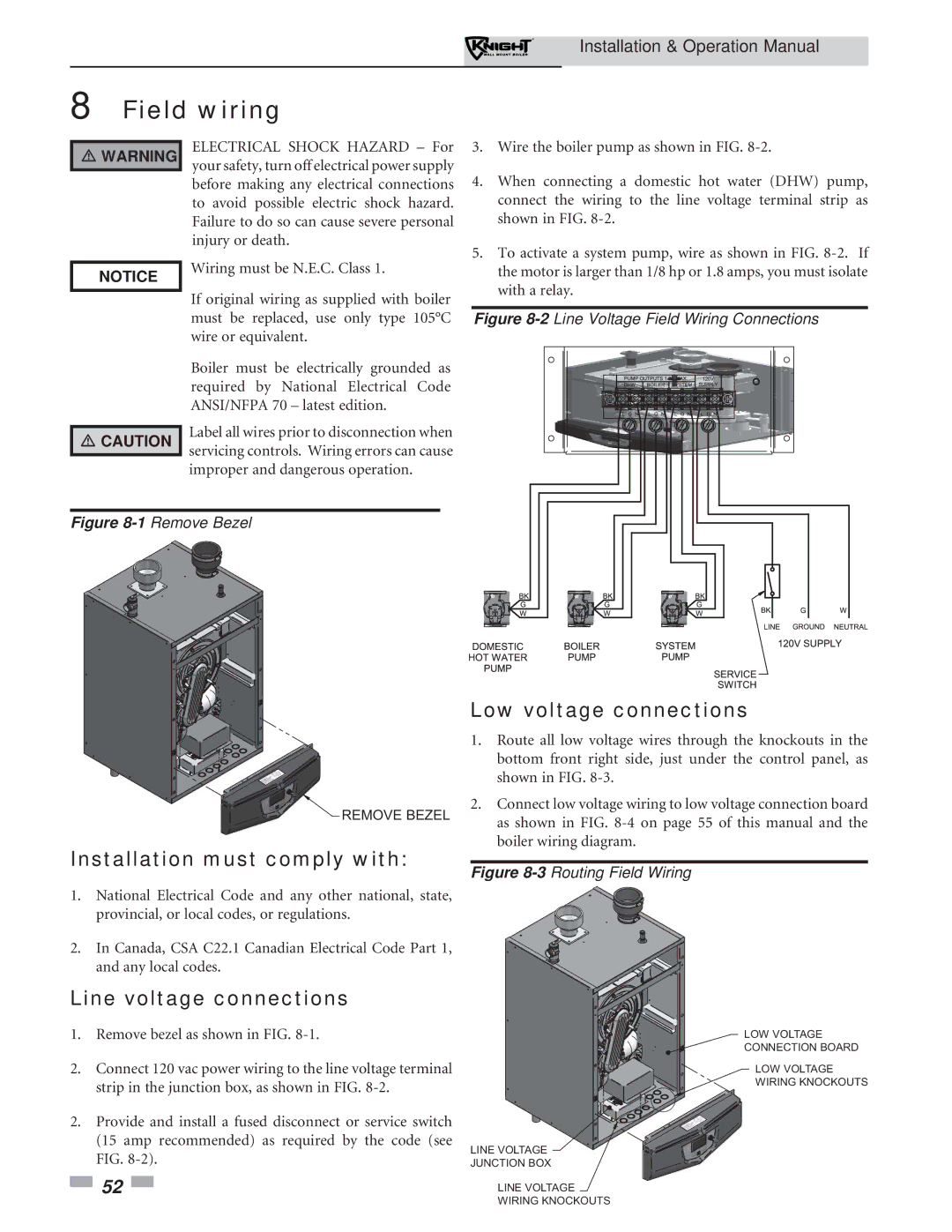 Lochinvar 51-211 Field wiring, Installation must comply with, Line voltage connections, Low voltage connections 