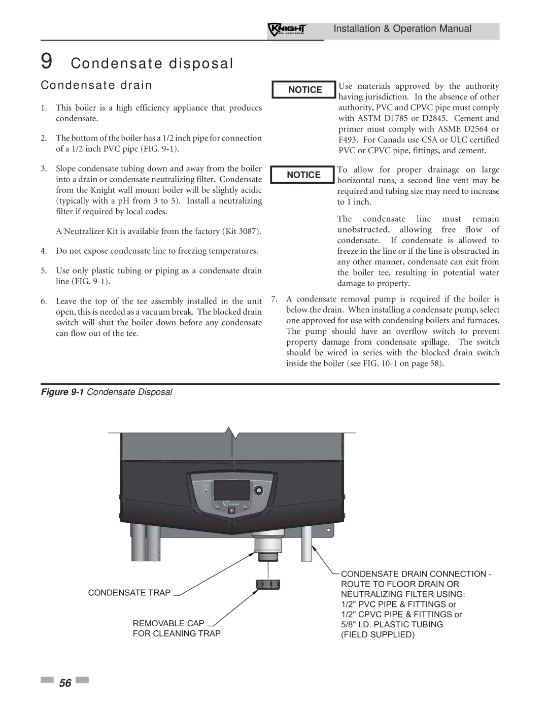 Lochinvar 51-211 operation manual Condensate disposal, Condensate drain 