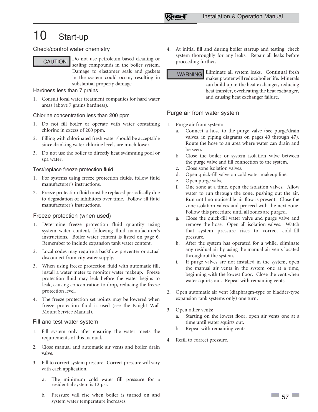 Lochinvar 51-211 Start-up, Check/control water chemistry, Freeze protection when used, Fill and test water system 