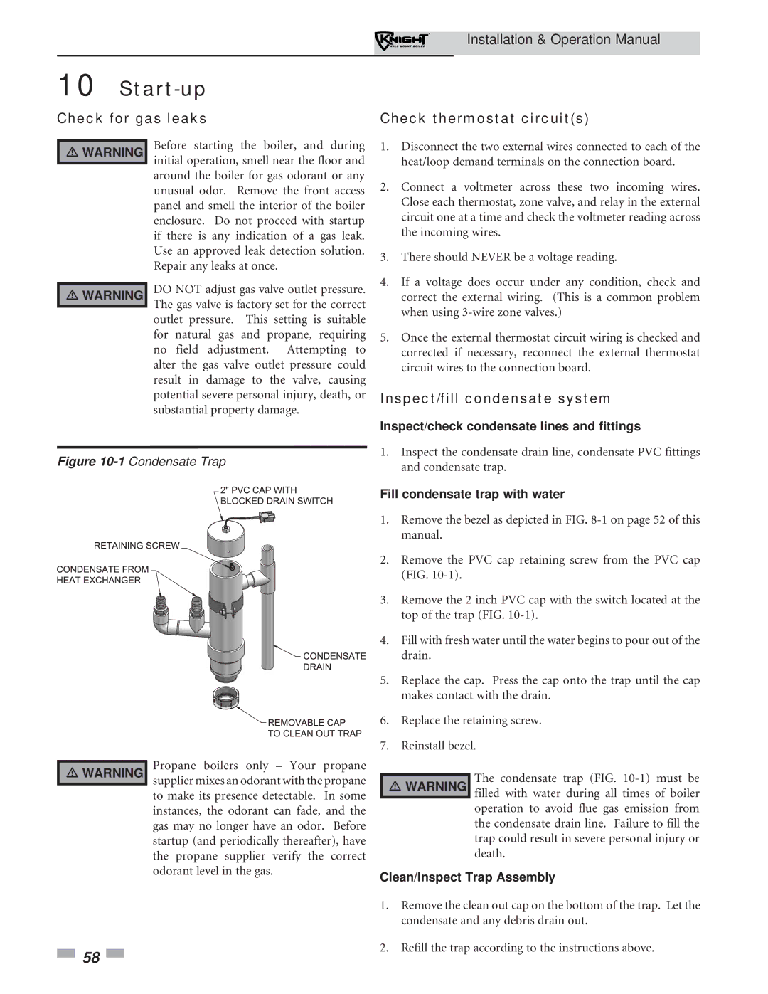 Lochinvar 51-211 operation manual Check for gas leaks Check thermostat circuits, Inspect/fill condensate system 