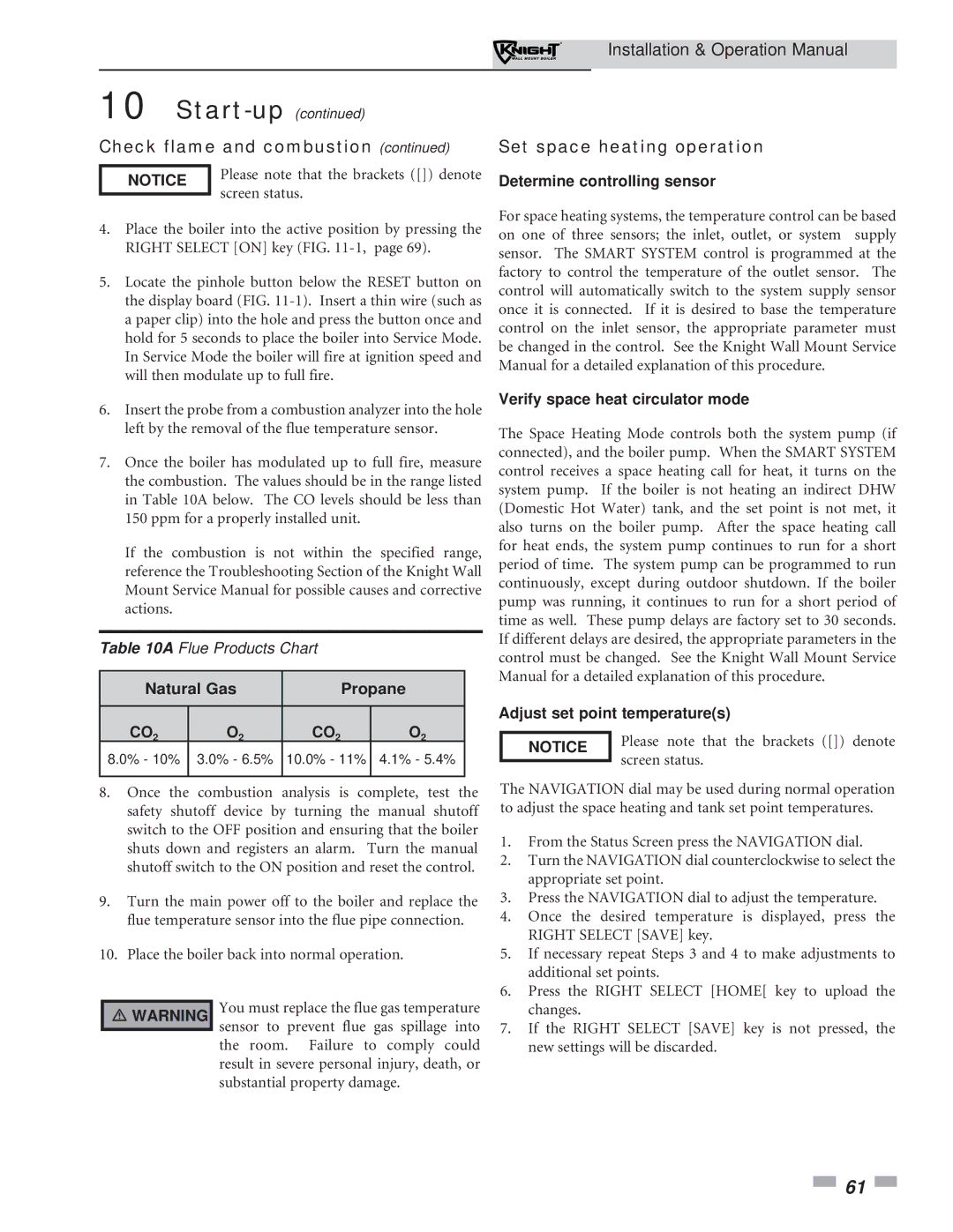 Lochinvar 51-211 operation manual Set space heating operation, Natural Gas Propane 