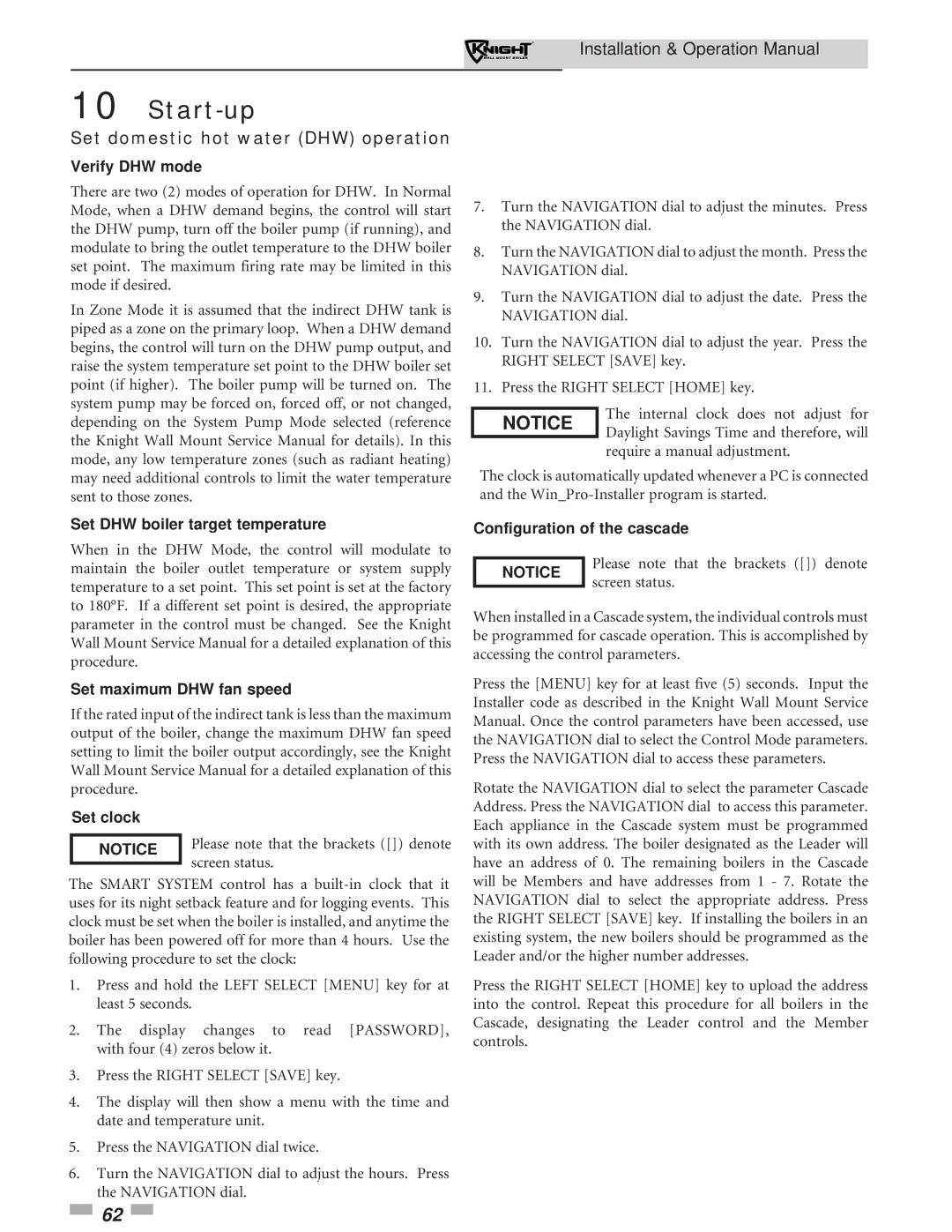 Lochinvar 51-211 operation manual Set domestic hot water DHW operation, Verify DHW mode, Configuration of the cascade 