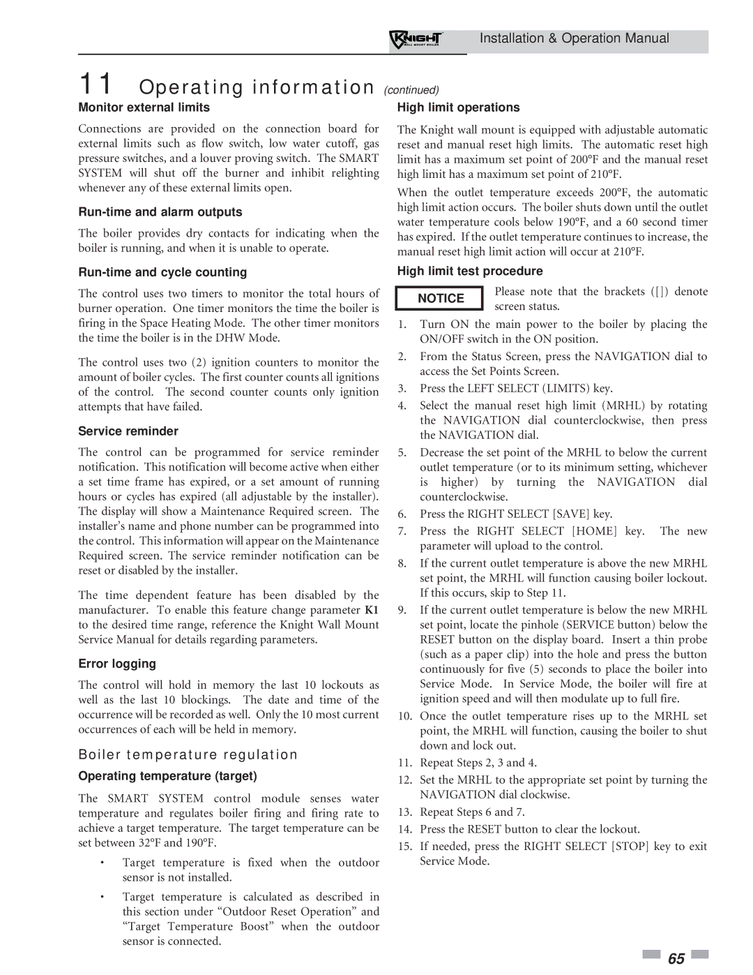 Lochinvar 51-211 operation manual Boiler temperature regulation 