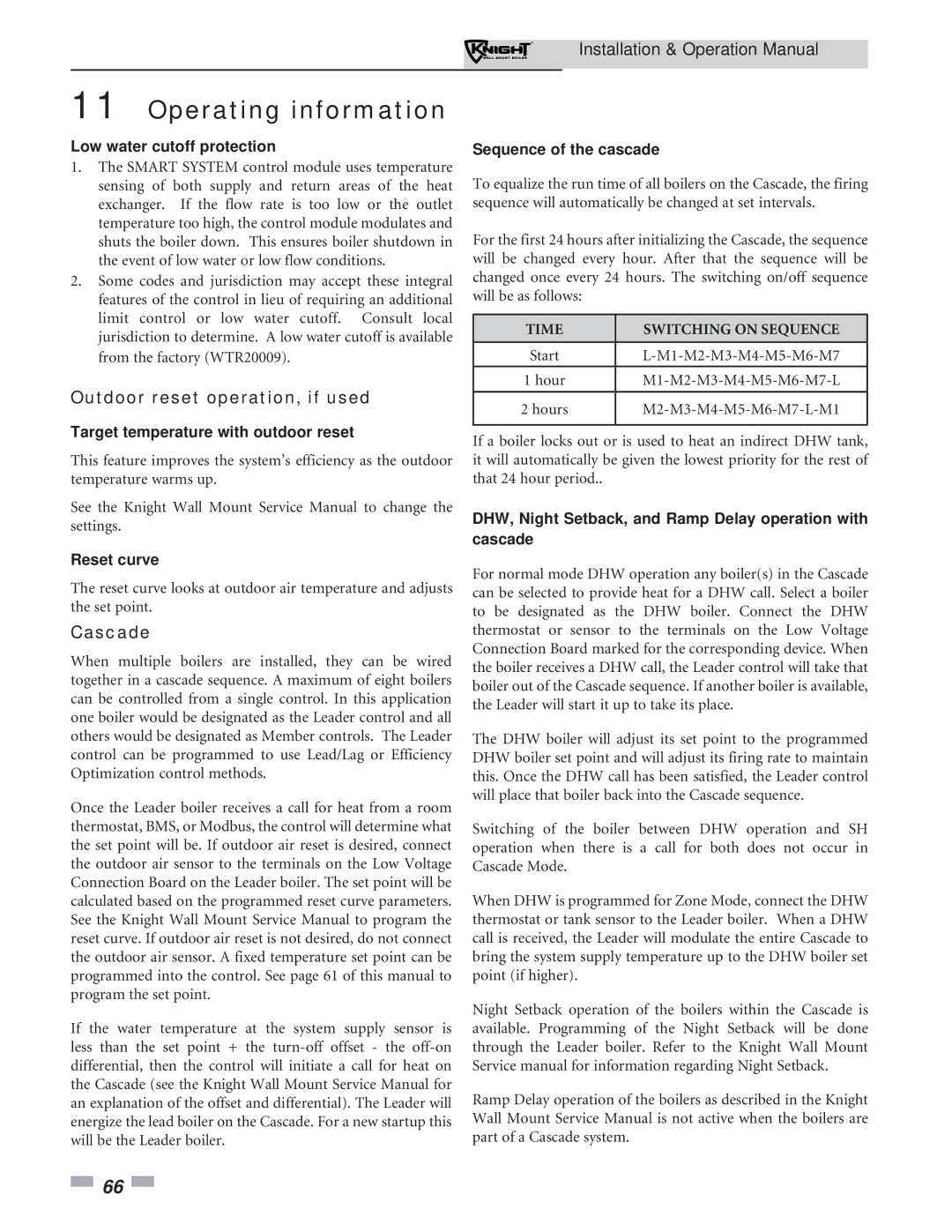 Lochinvar 51-211 operation manual Outdoor reset operation, if used, Cascade 